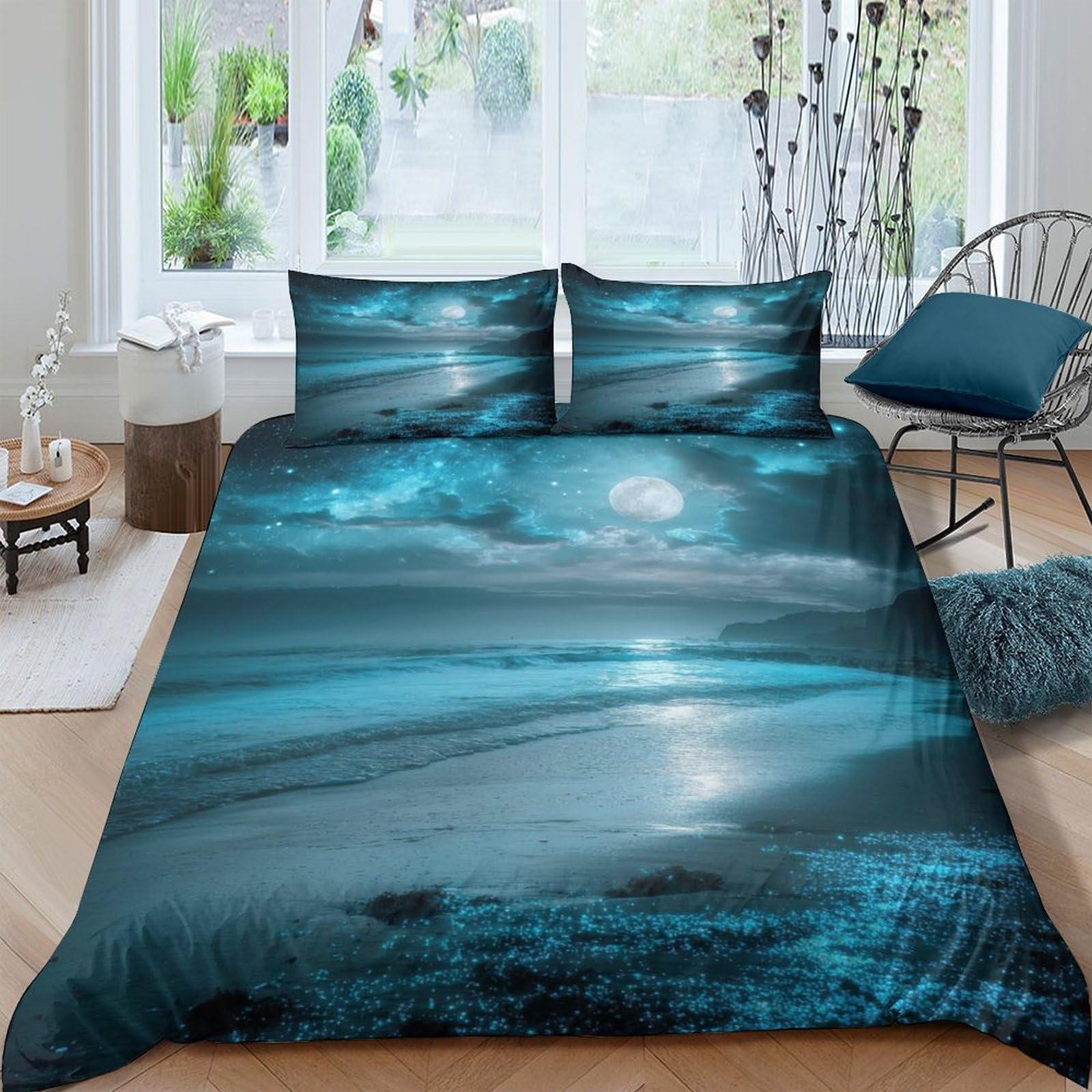 Ctjqhvkz Style-3 3D Printed Moonlit Ocean Fitted Sheet Microfiber Soft Blue Water Reflection Mattress Cover Bedroom Decor Single（135X200cm）
