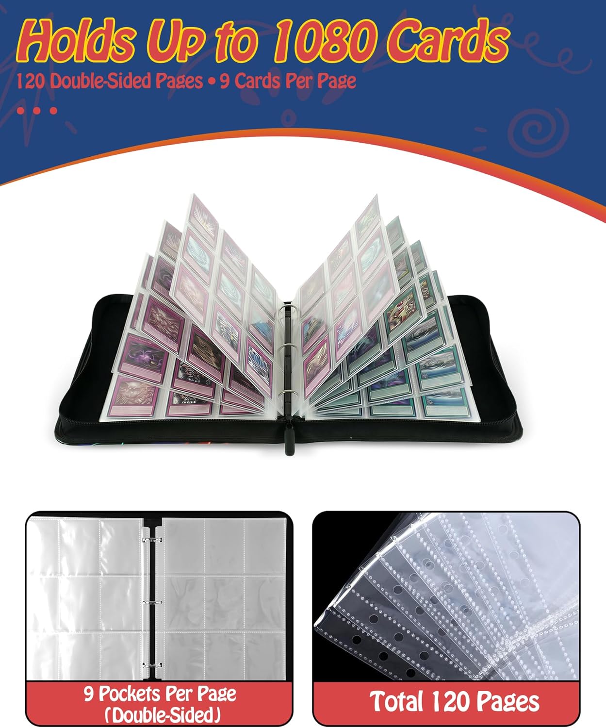 Trading Card Binder, 9-Pocket, Holds 1080 Cards, 120 Pages Side-Loading Card Album, PU Leather, Acid-Free Archival Sleeves, Durable Organizer for MTG, TCG & Sports Cards, Gift for Kids, Boys and Girls