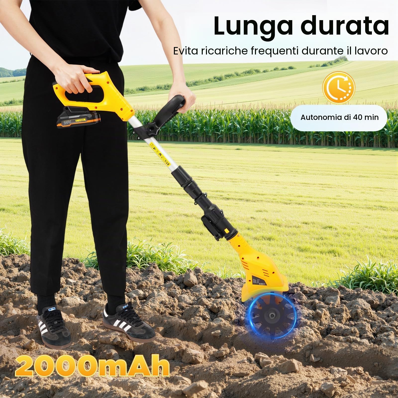 Motozappa, fresa da giardino, motozappa elettrica con batteria e caricatore, manuale regolabile a batteria, profondità di taglio 25 cm, per giardino e prato