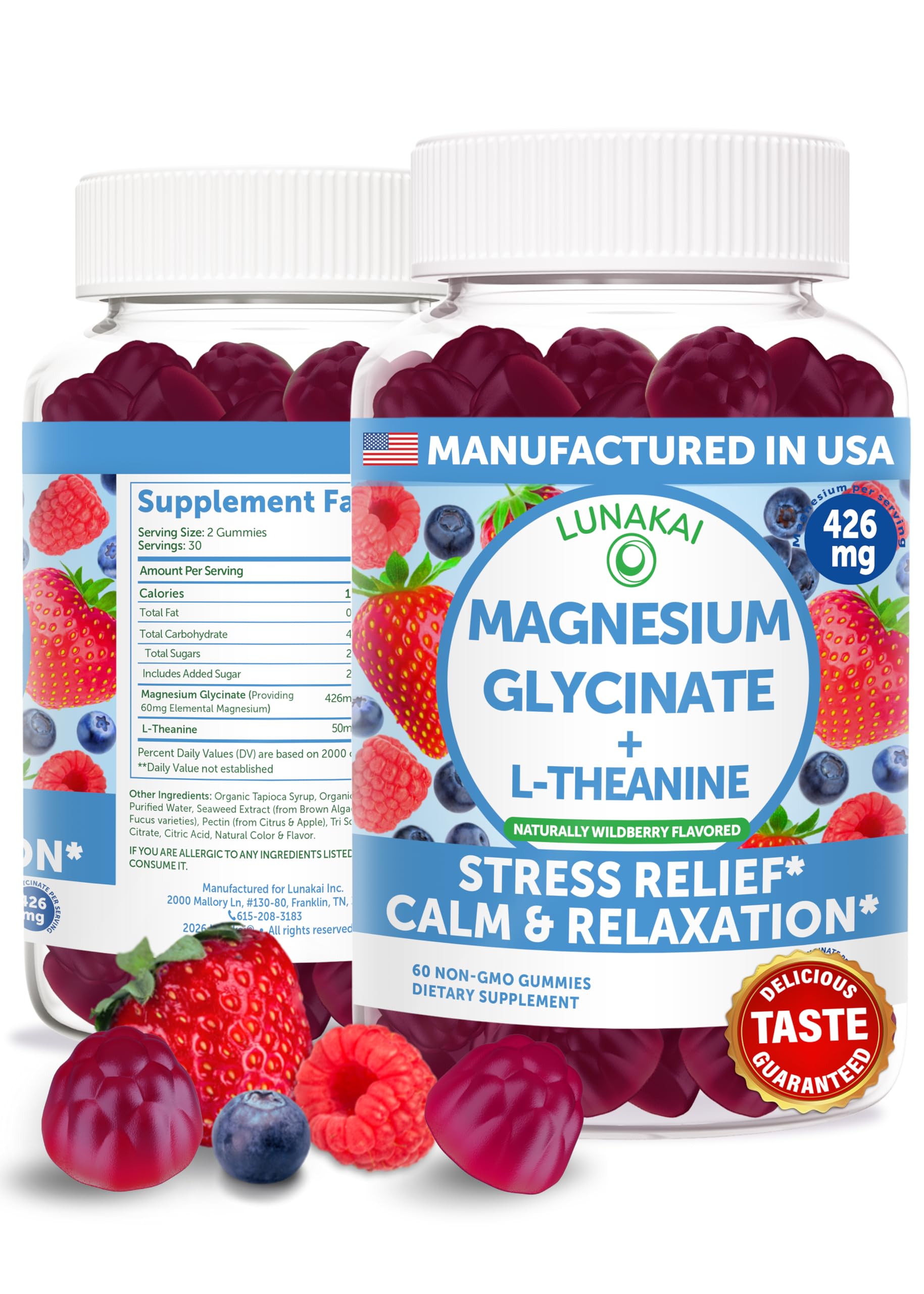 Lunakai USA Manufactured Magnesium Glycinate Gummies 426mg with L-Theanine – Calm, Sleep, Stress Relief for Adults & Kids, Non-GMO, Vegan, 60ct