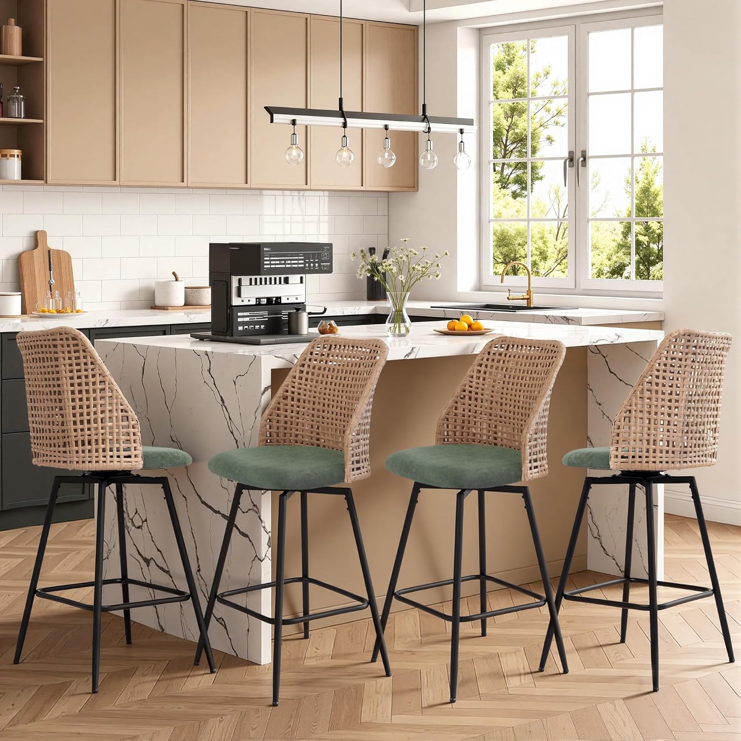 UIXE Swivel Bar Height Stools Set of 4, Chenille Upholstered Barstools with Footrest, Rattan Woven Barrel Backrest Island Chairs for Kitchen Counter - Black Metal Frame, Green