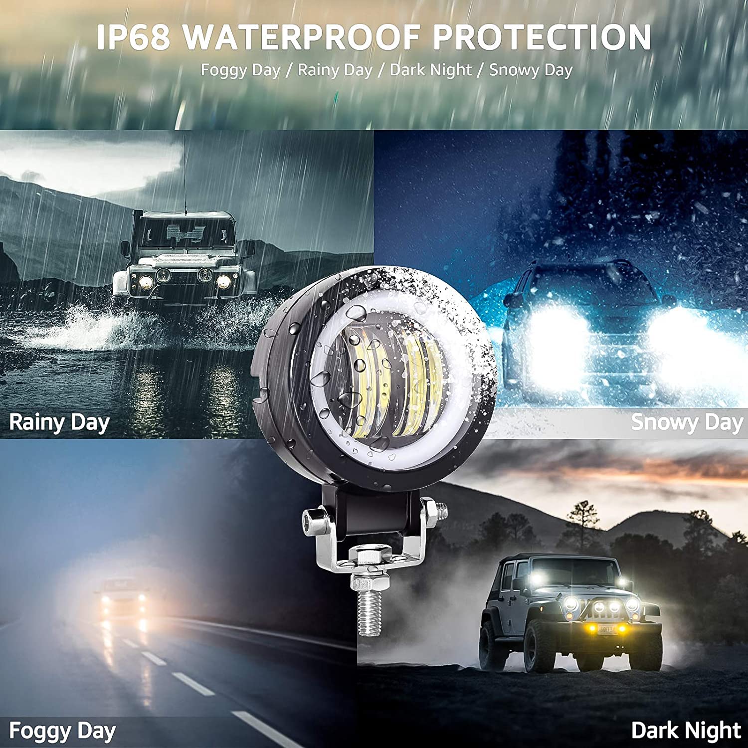 YUGAUNG Paire 3” Rond Feux LED Antibrouillard DRL Ange Yeux 6000K 80W 8000lm 10-80V DC Led Project Blanc SUV Motocyclettes IP68 Étriers de Montage Réglables Etanches.