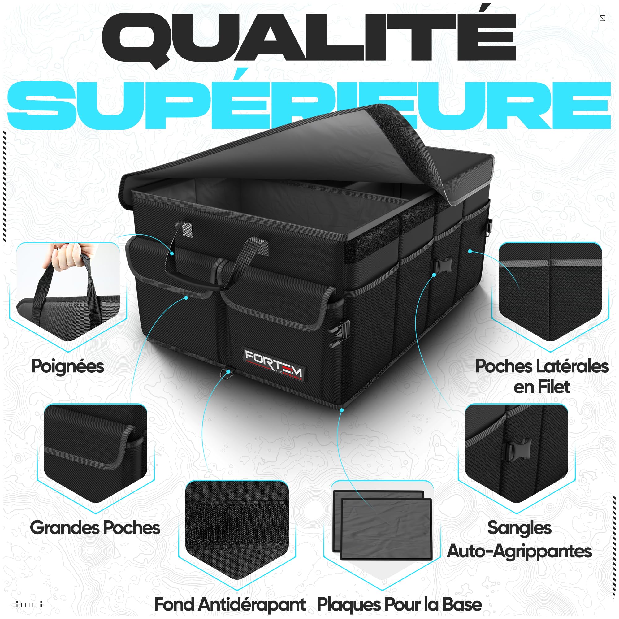 FORTEM Organiseur de coffre de voiture, pliable, plusieurs compartiments, rangement pliable pour accessoires de voiture, fond antidérapant, sangles de sécurité, couvercle souple, 50 L (Noir, Standard)