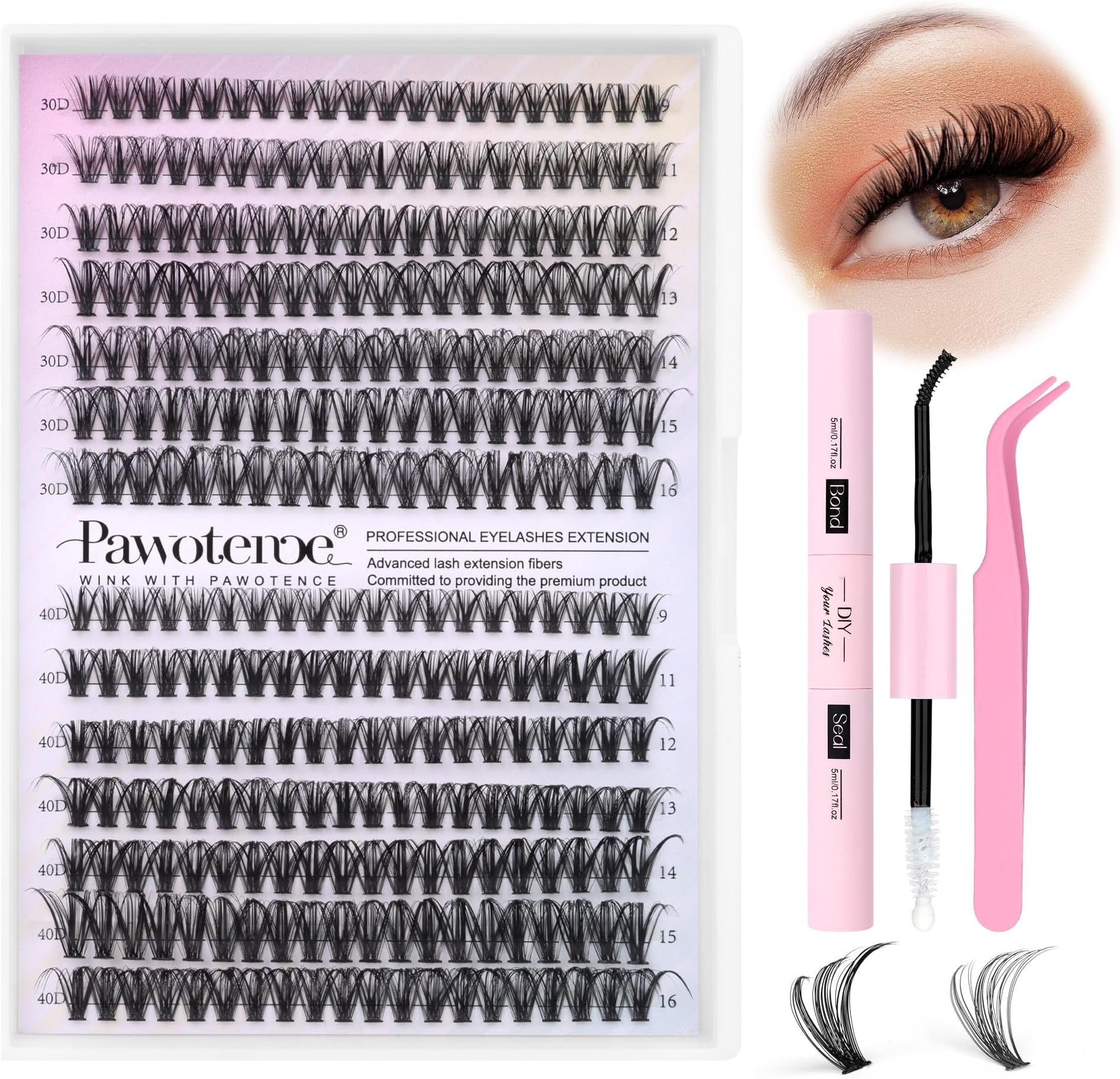 Eyelash Extension Kit 280pcs Individual Eyelashes Kit Cluster Lashes Individual Cluster 9-16mm Lash Extension Kit with Lash Bond and Seal, Lash Tweezer for Self Use (30D&40D, 9-16mm, Kit)