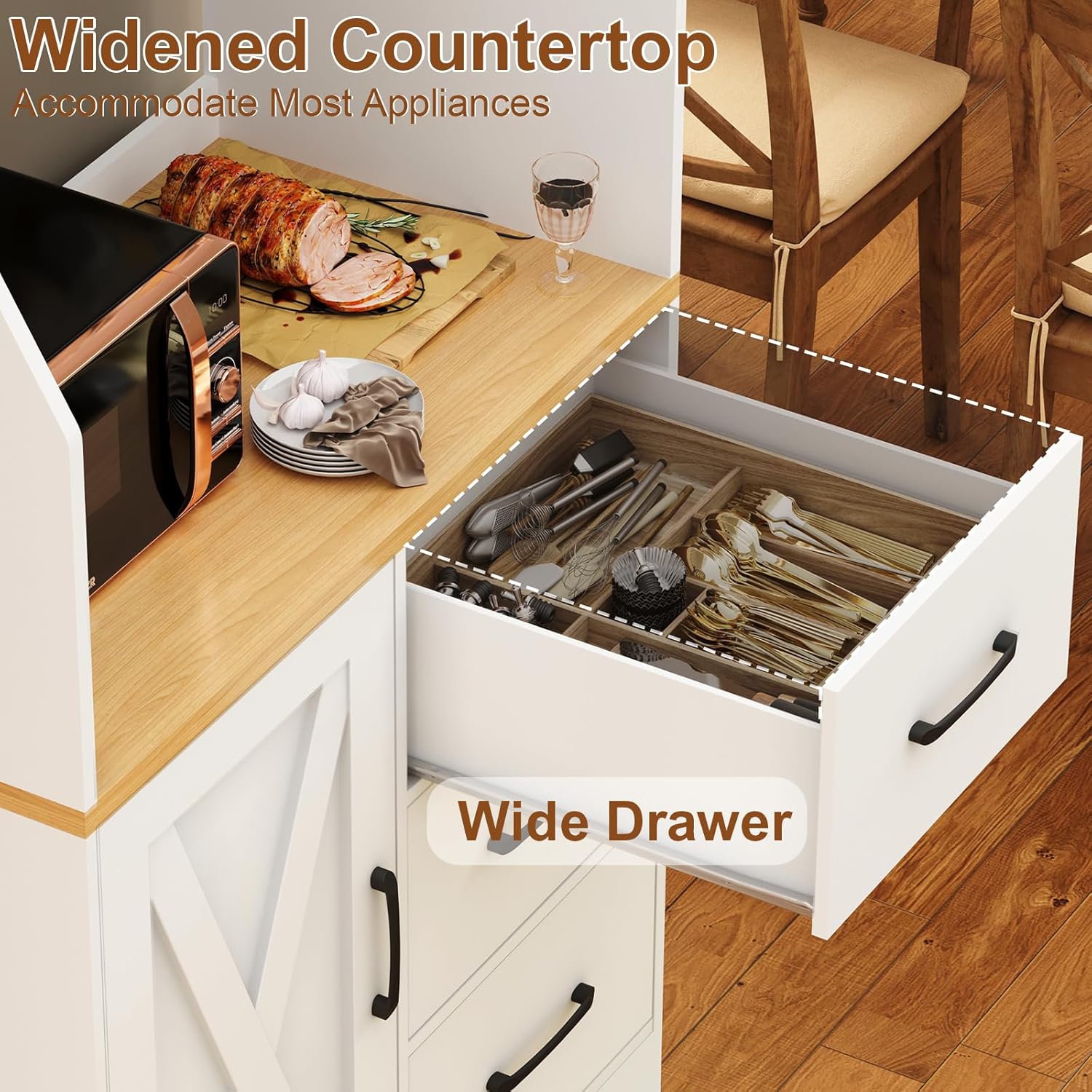 Pantry Cabinet with Adjustable Shelves and 3 Drawers, Tall Kitchen Pantry Storage Cabinet with LED Light & Charging Station, Kitchen Hutch with Microwave Shelf & 6 Hooks for Dining Room