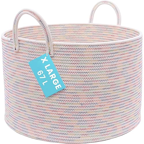 OrganiHaus Large Woven Storage Basket for Blankets and Toys 20" x 13" Inch, Rope Laundry Basket with Handles, Cushions & Pillows Storage Bin, Nursery Hamper, Soft Round Dog Toy Bin - Rainbow Stitches