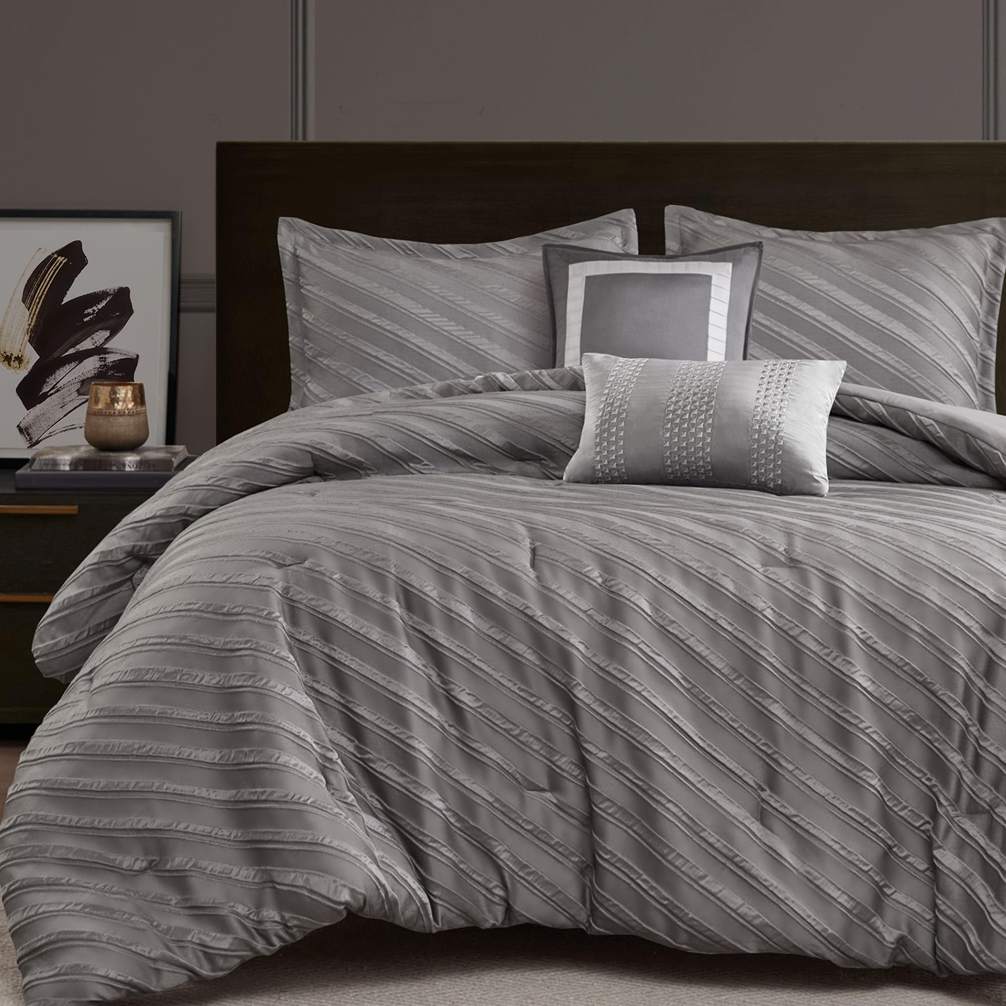 Madison Park Queen Comforter Set Raised Jacquard Texture Comforters Queen Size Bed, All Season Down Alternative Bedding Queen Size Comforter, Decor Pillows, Matching Shams, Riva, Queen Grey 5 Piece
