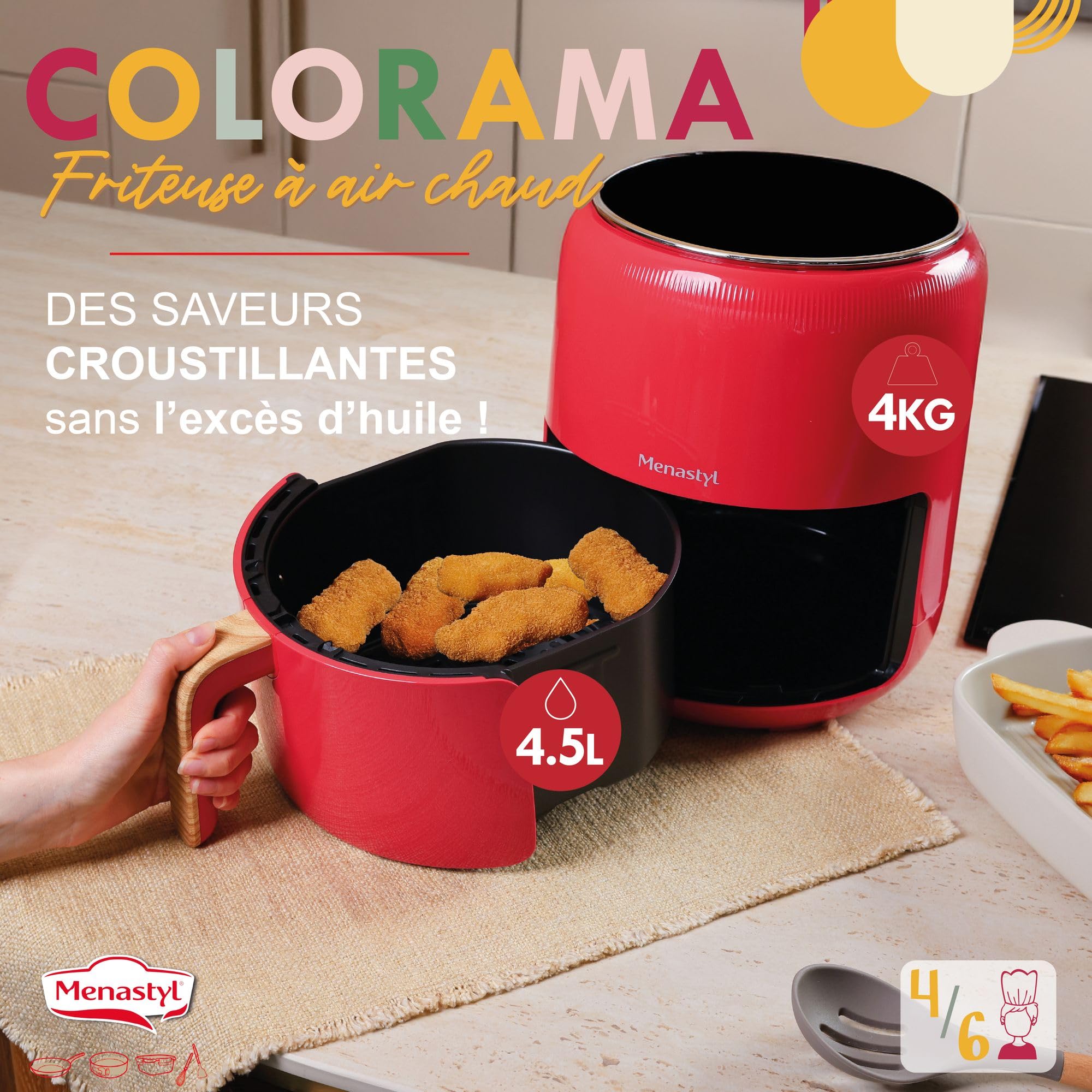 MENASTYL - Frytkownica na gorące powietrze 4,5 l colorama magenta wykończenie drewna - 6025002