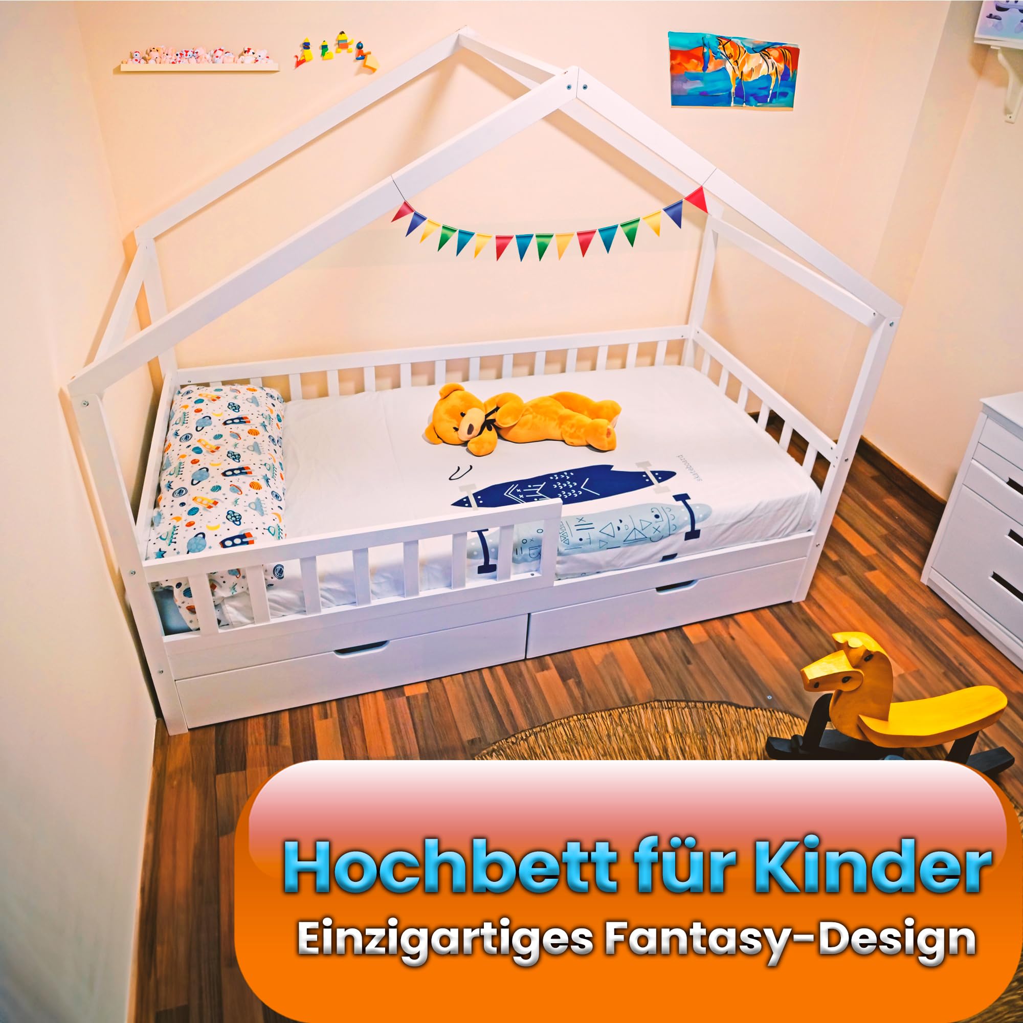 Kinder Hausbett 90x200 cm aus Massivholz Kiefer – Weiß – mit 2 Schubladen, Lattenrost & Rausfallschutz – Kinderbett im Haus-Design (ohne Matratze)