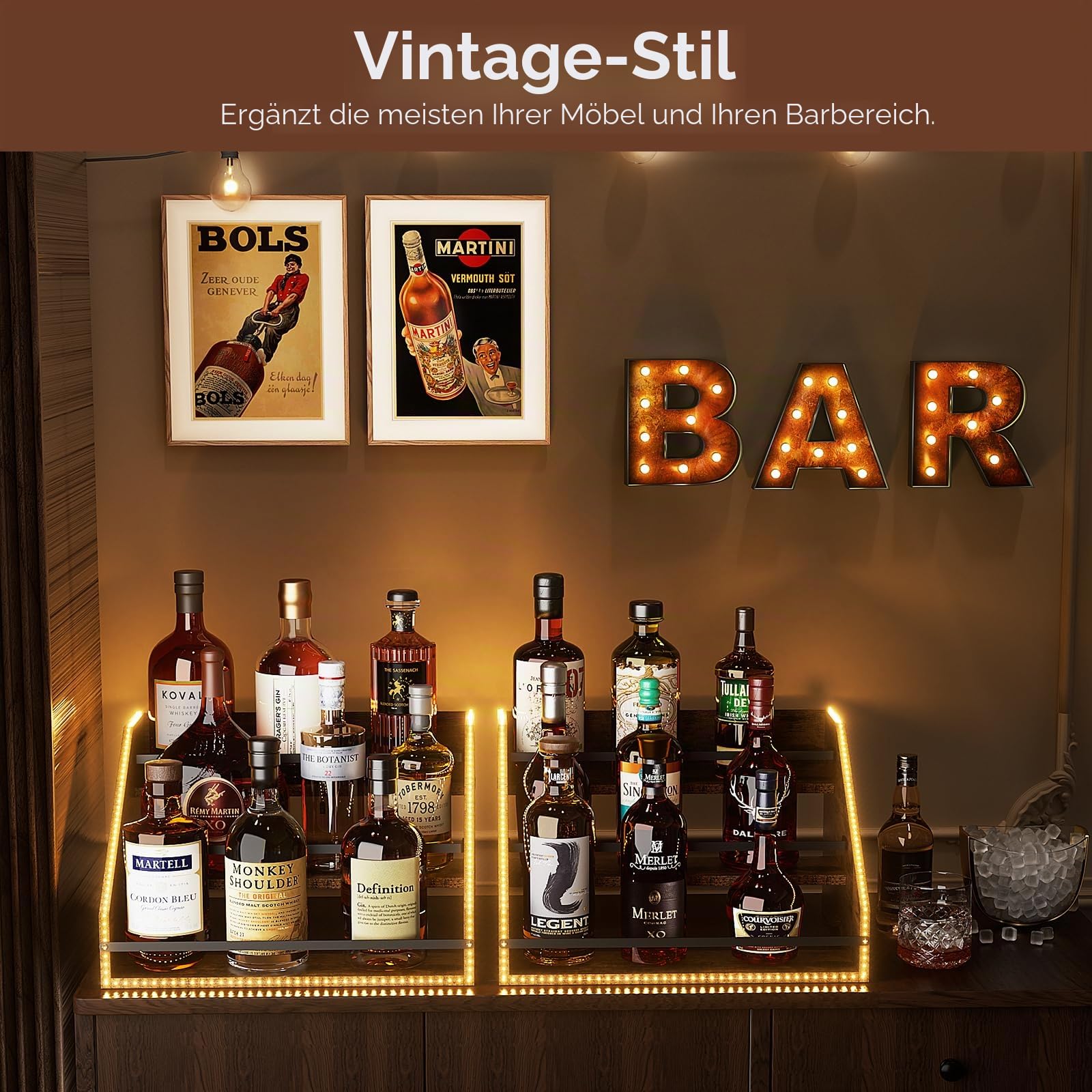 Nuovoware LED Beleuchtet Schnapsflasche Display Regal, 3 Schritt Holz Arbeitsplatte Schnapsregal mit Zäune Tragbare Griffe, 12-Flaschen-Whiskey-Regal Liquor Display Retro Weinregal für Home Bar, Braun