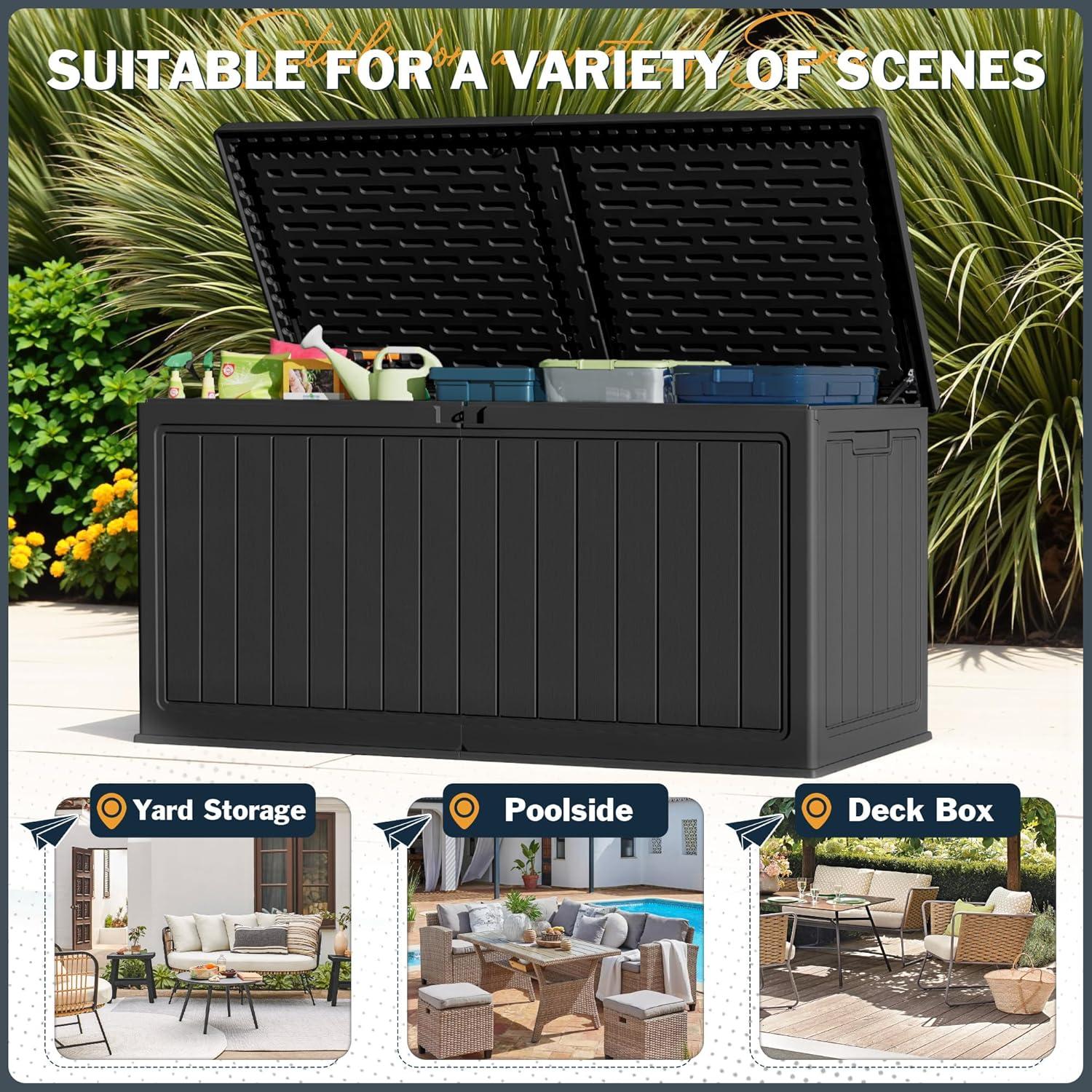 Greesum 260 Gallon HDPE Outdoor Storage Box - Waterproof, Large Capacity Deck Box with Removable Dividers for Patio, Yard, Garden Tools, Black