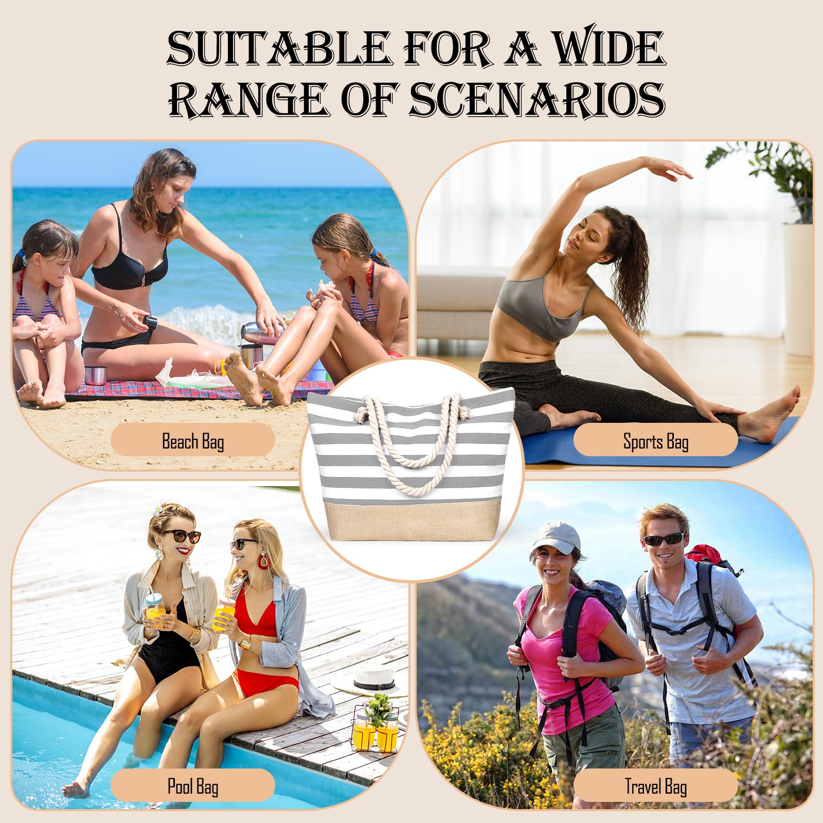 Bolsa de Playa Grande para Mujer, Impermeable Totalizador de Lona de Verano con Cremallera Bolso Tote Beach Bag Bolso Playa Shopper para Viajes Compras Gimnasio, Gris
