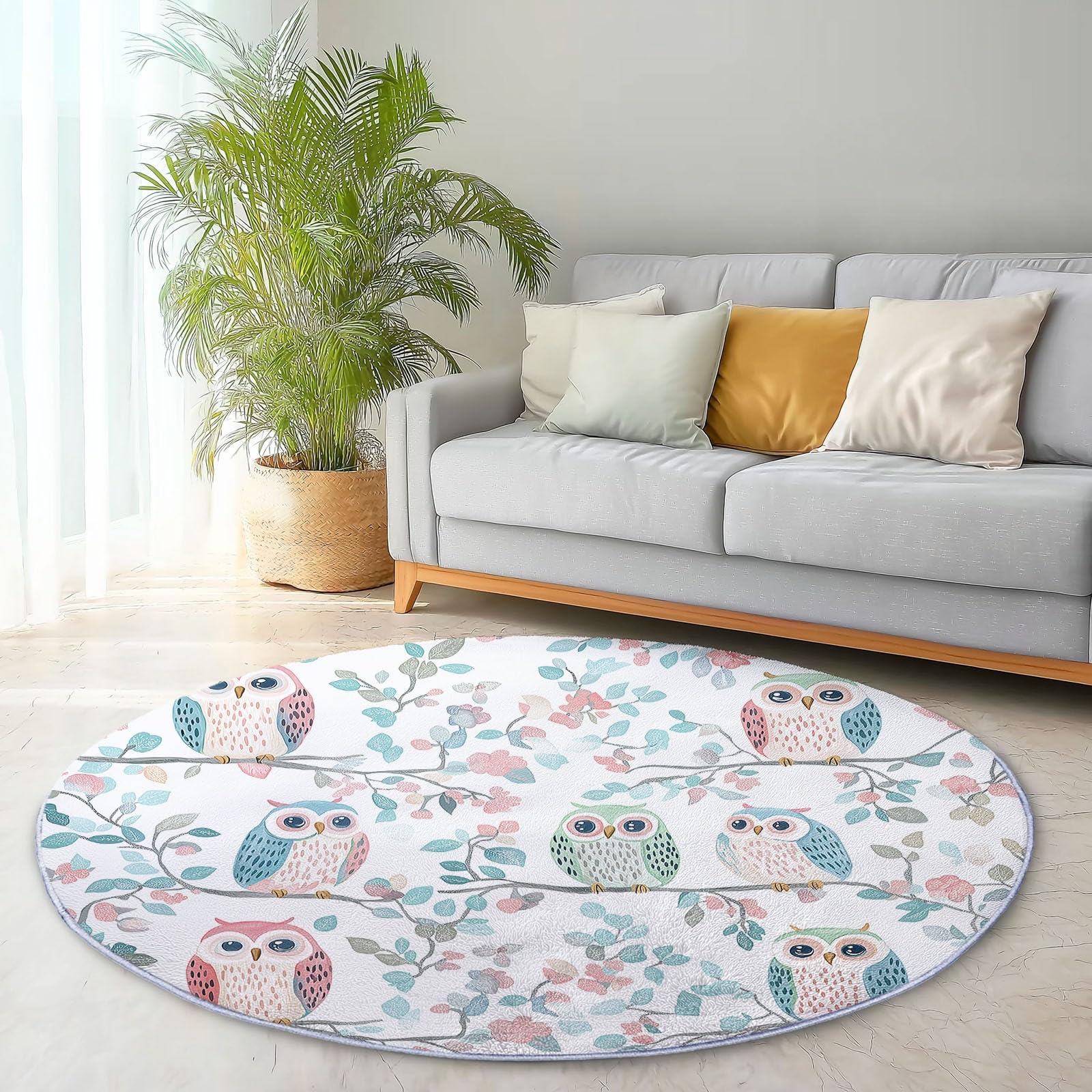 Round Area Rug White Print, 3 ft Circle Rug Carpet Non Slip, Watercolor Plant Owl Washable Stain Resistant Carpets for Kids Bedroom Toy Room Nursery