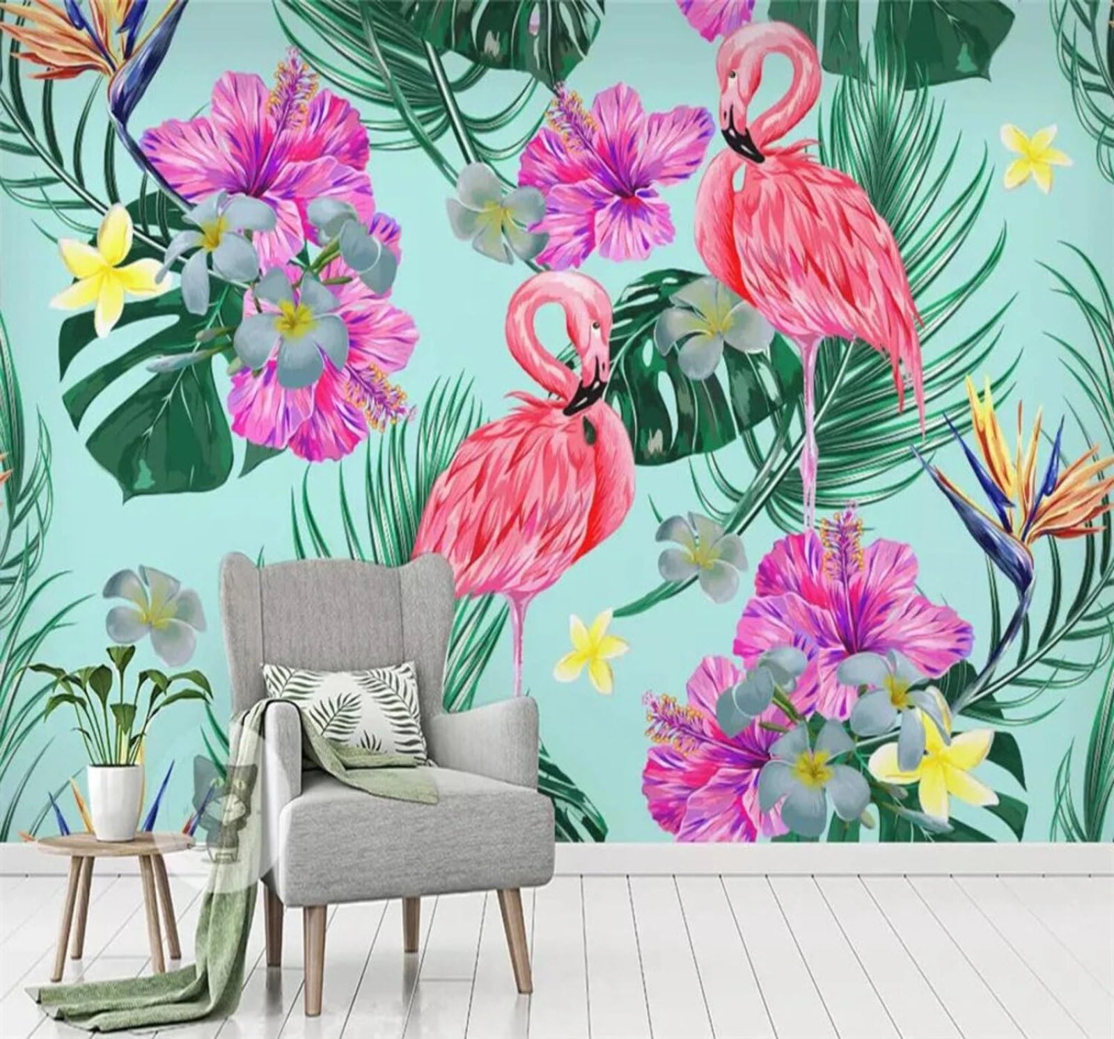 XLMING Fresh Beautiful Tropical Plants Flamingos 3D Wallpaper Luxury Silk Study Dining Feature Sofa Grey Bedroom Living Room Tv Decorative Wall-350cm×256cm