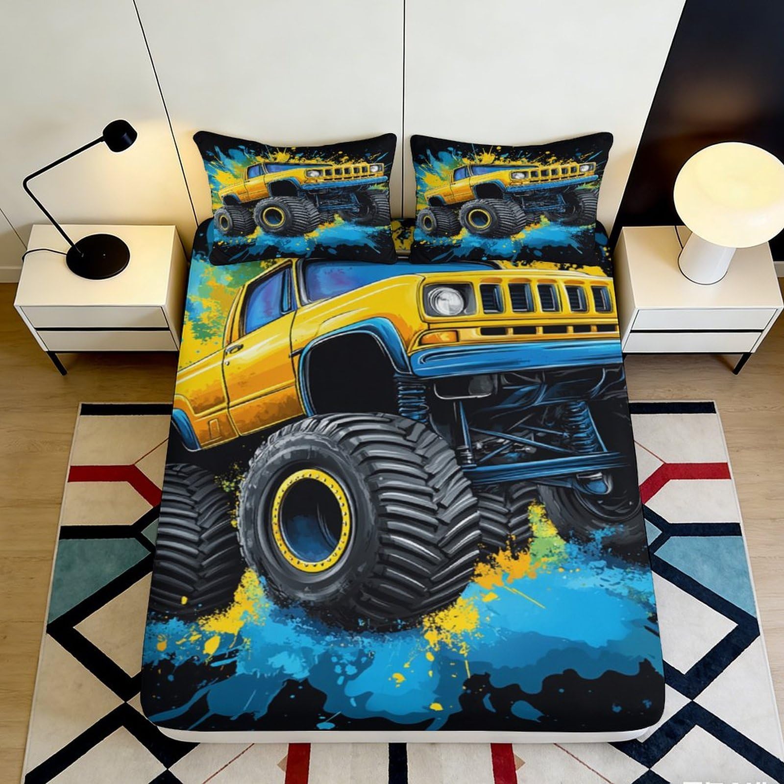 Zfldkwgb Style-8 3D Printed Monster Truck Fitted Sheet Microfiber Soft Yellow Blue Offroad Bed Cover For Bedroom Guest Room Decoration 90X200x25cm