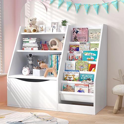 Miniatura 2 de TOETOL Estantería y almacenamiento de libros para niños, estantería de madera de 3 niveles para niños, estantes de libros para guardería con 6
