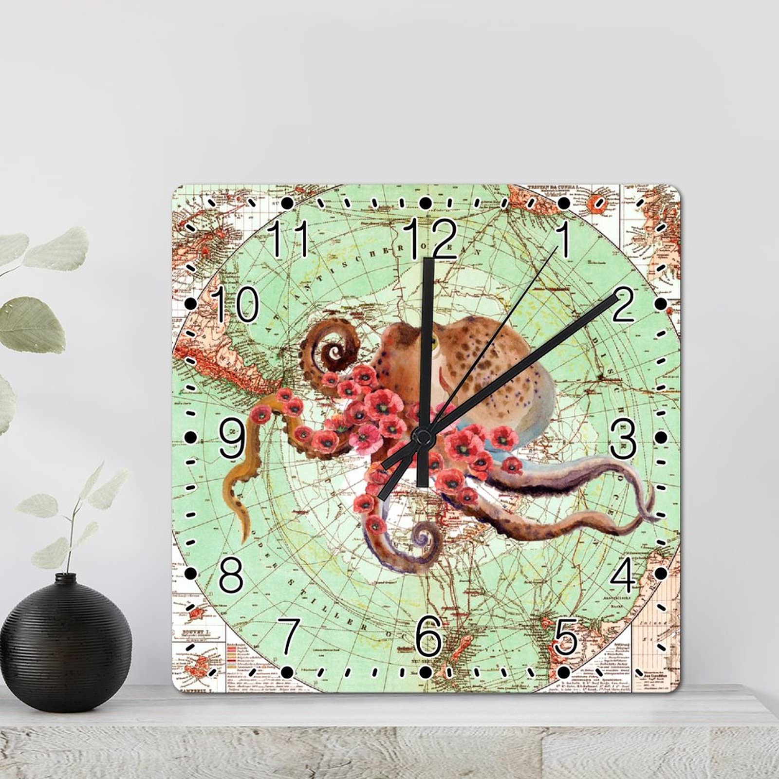 Horloge murale pieuvre en bois 30,5 cm à piles pour décoration de salon