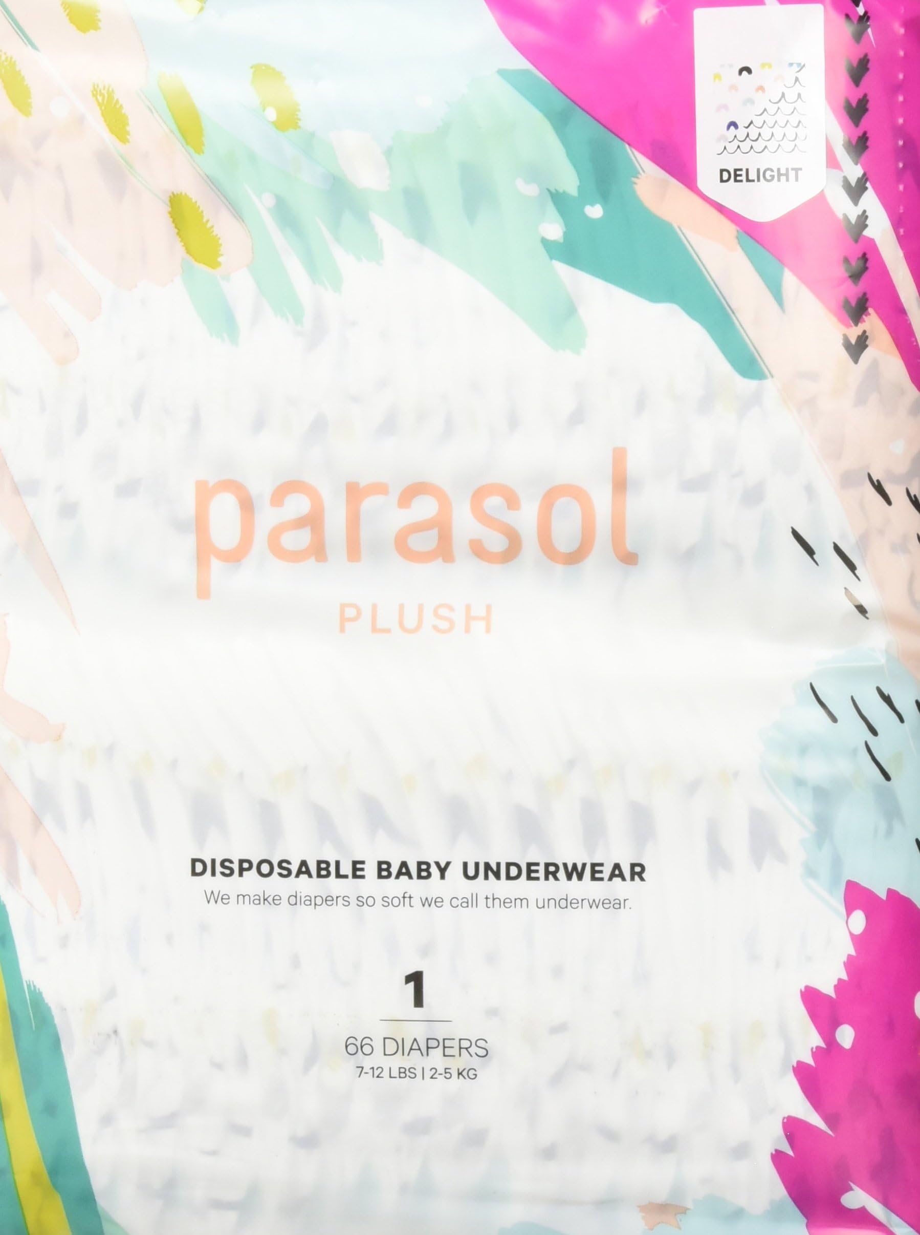 Parasol Baby Diapers, Hypoallergenic, Chlorine Free, Sensitive Skin Safe, Ultra Soft, Super Absorbent - Premium Quality, Size 1, Delight Collection, 66 Count