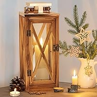 XRKITE Wooden Candle Lantern Set of 2 - Farmhouse Hanging Hurricane Lanterns with Tempered Glass & Stainless Steel for Indoor Outdoor Patio Garden Wedding Decor