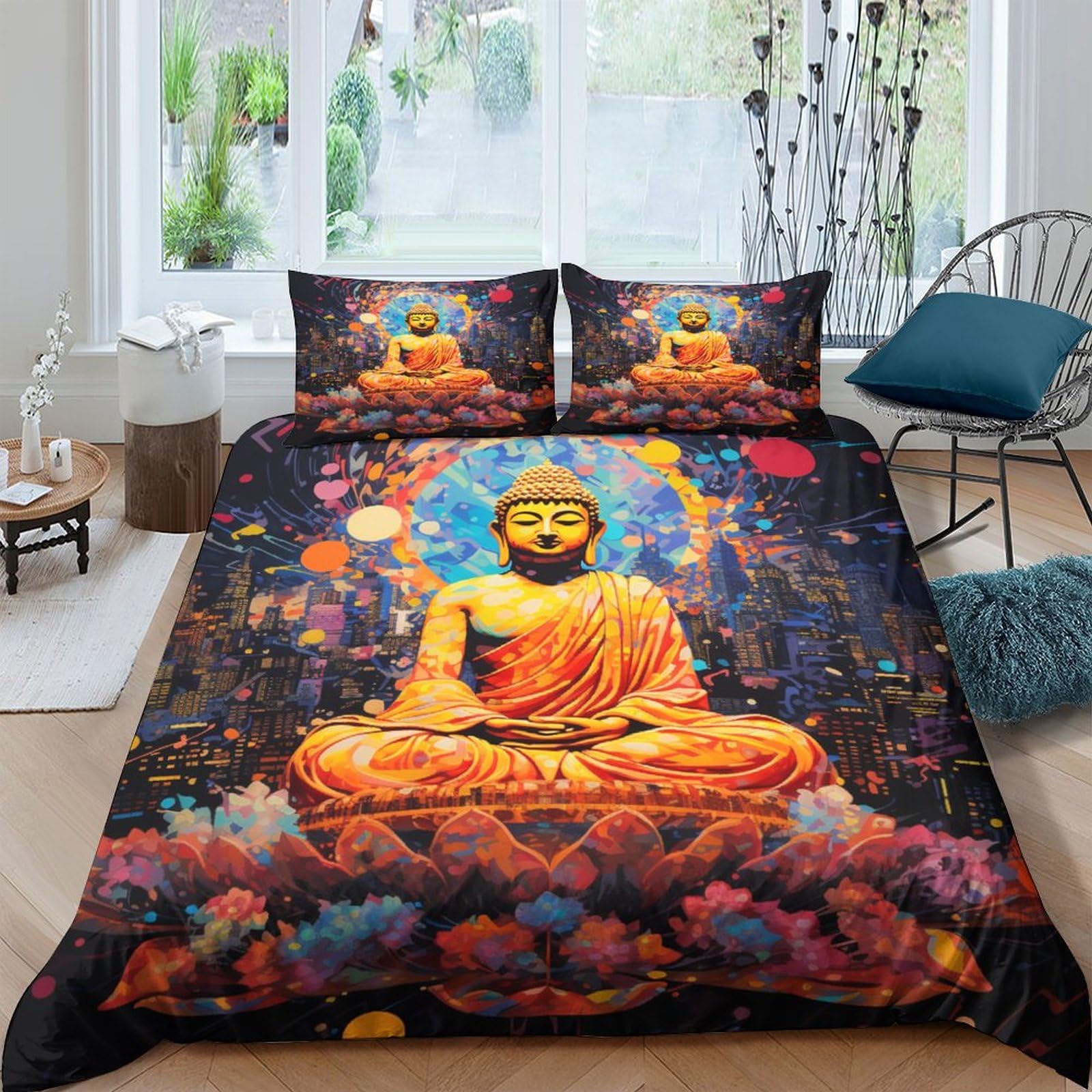 Housse de couette Bouddha 220x240 imprimé 3D avec fermeture éclair et taies d'oreiller