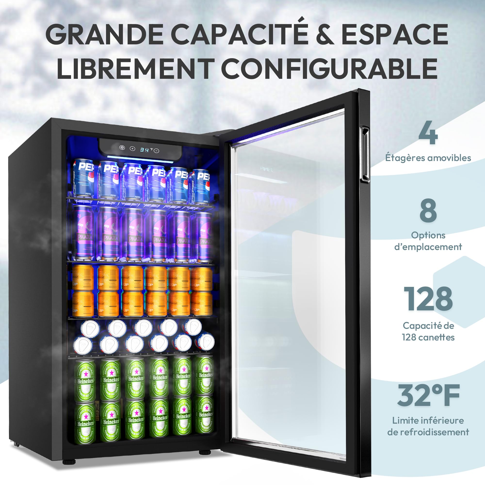 EUHOMY Réfrigérateur à Boissons 90 L Avec Porte Vitrée, Mini Frigo Pour 126 Canettes, Mini Réfrigérateur Avec étagères Réglables, Idéal Comme Cave à Vin, Mini Réfrigérateur Pour Bureau ou Bar Noir