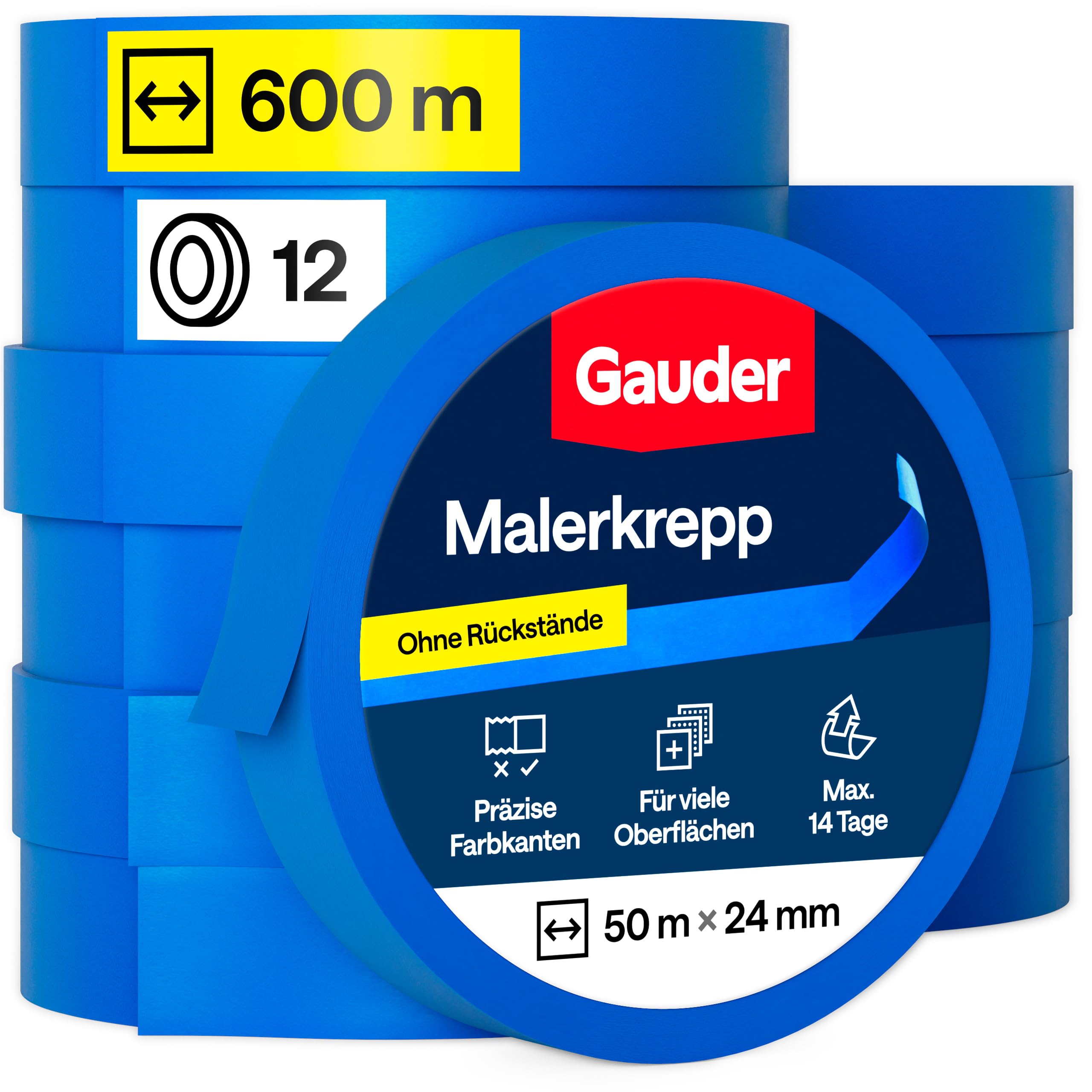 GAUDER Malerkrepp für präzise Farbkanten - Kreppband für Malerarbeiten - Malerband & Abdeckband blau - Abklebeband Maler Washi-Papier - Masking Tape - Klebeband Malertape (12 Rollen - 24 mm x 50 m)