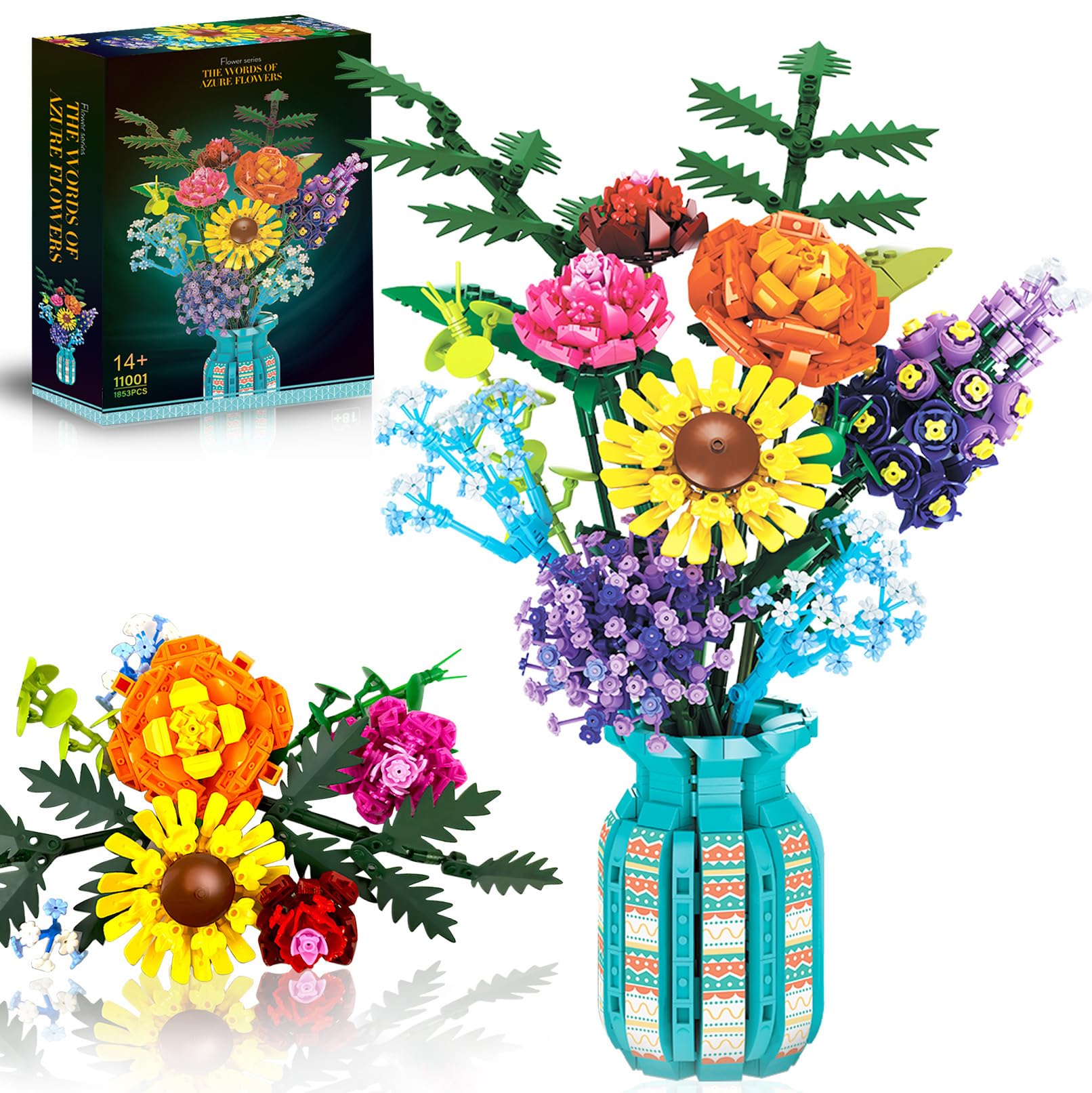 Flowers Bouquet Building Set with Vase for Adult, 10 Kinds of