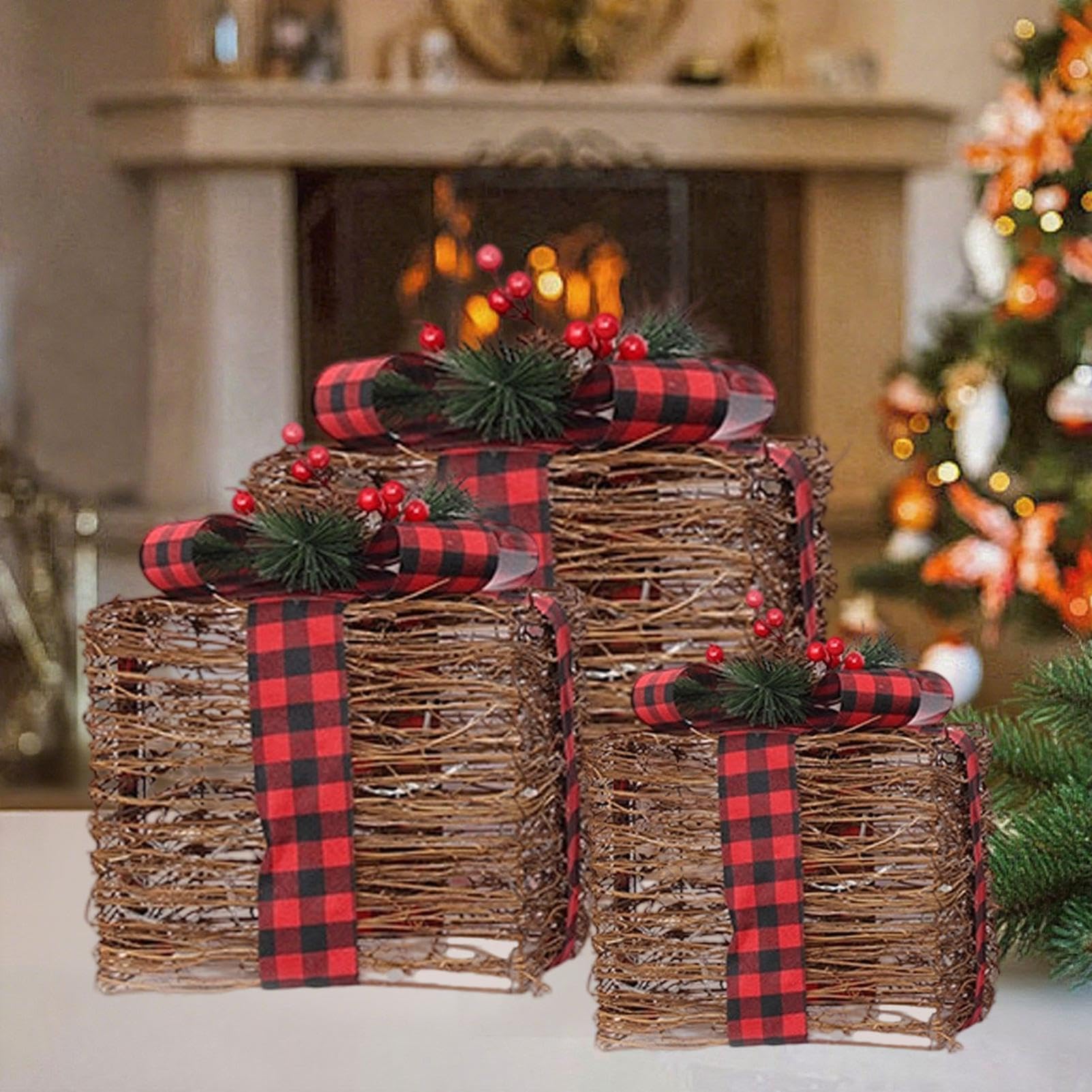 Scatole regalo natalizie illuminate con nastro rosso, materiale metallico affidabile, set di 3 scatole regalo illuminate, LED giallo caldo con fiocchi, per albero di Natale interno, cortile