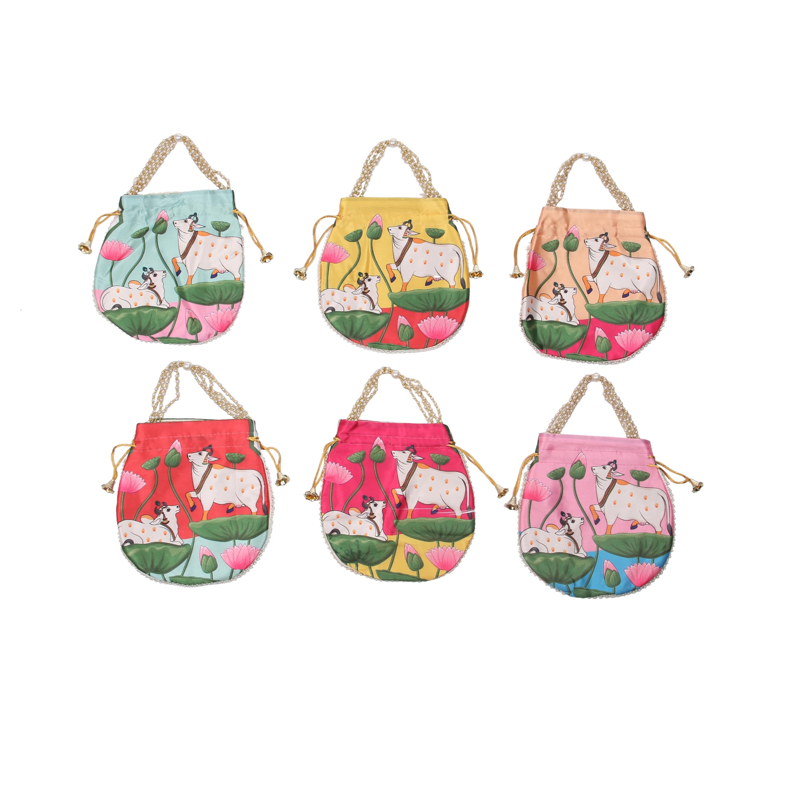sainik's - access to quality Rajasthani Style Royal Silk Batwa Bag Combo | Potli Wristlet Clutch with Cow Theme Design | Handmade Traditional Pouch for Wedding & Festival (Pack of 6)-picture-32