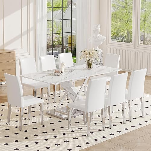 Miniatura 9 de Juego de mesa de comedor de mármol para mesa rectangular blanca de 6.63 pulgadas con marco de metal plateado en forma de X y 6 sillas de comedor de