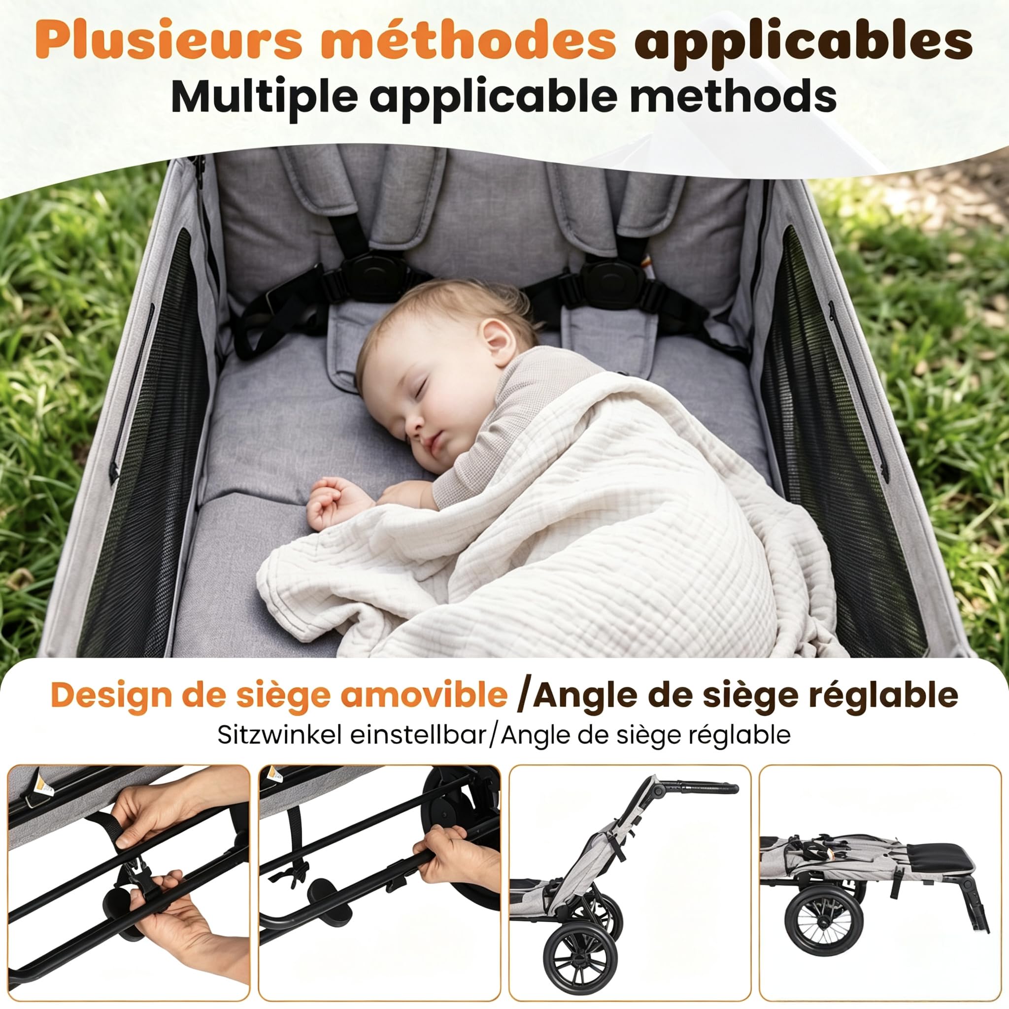 Chariot Enfant 2 Places Pliable Noir pour Vacances Plage, Harnais 5 Points de Sécurité, Toit Pare-Soleil, Poignée 8 Hauteurs Réglable, Roues EVA Silencieuses, Tablette Intégrée