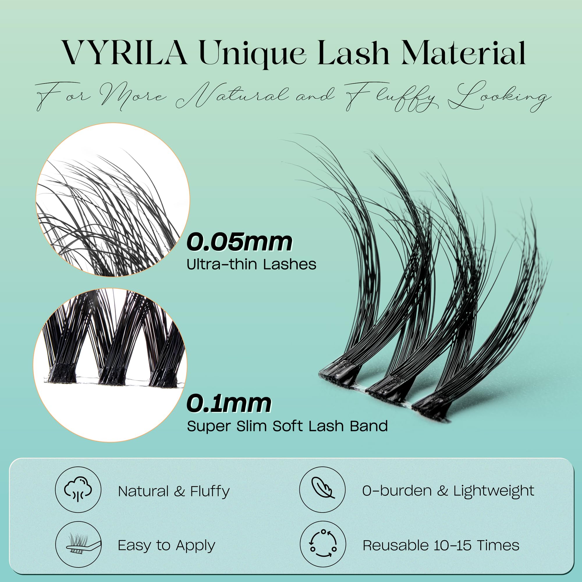 VYRILA Lash Clusters 0.05mm Individual Lashes, 3D Wispy Clusters, 0.1mm Super Thin Band Resuable Natural Lashes,C Curl Faux Mink Lash,108pcs Lash Extension (Green Cozy-C-0.05-8-16mix) - Image 2