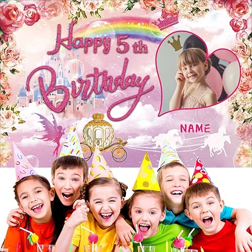 Miniatura 6 de Cartel personalizado de decoración de fiesta de cumpleaños 5 con temática de princesa, decoración de fondo floral de corona de carruaje de castillo