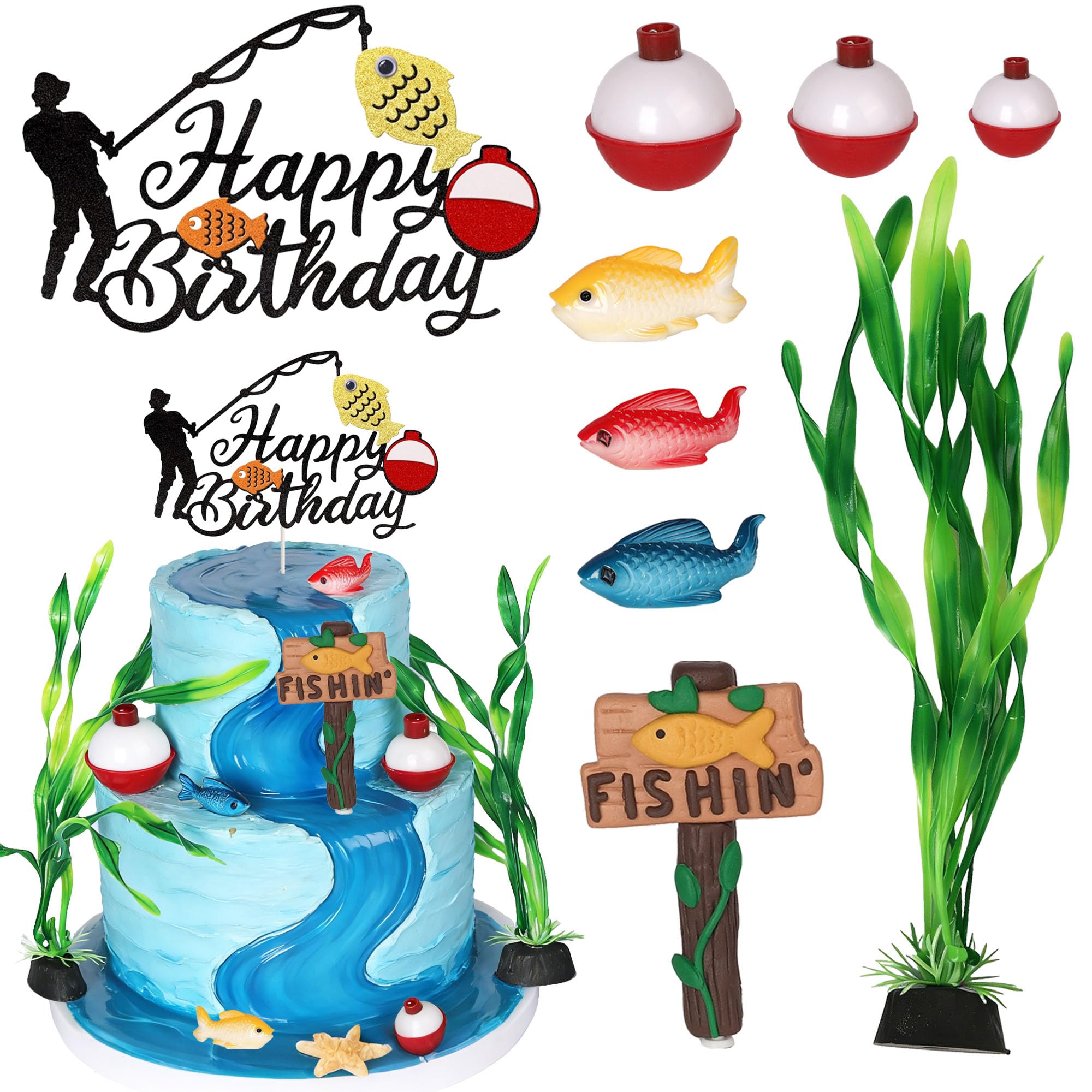 SYKYCTCY 11 Pack Fishing Cake Topper Gone Fishing Cake Pick Glitter Fisherman Happy Birthday Cake Decoration for Outdoor Themed Baby Shower Birthday Retirement Party Supplies