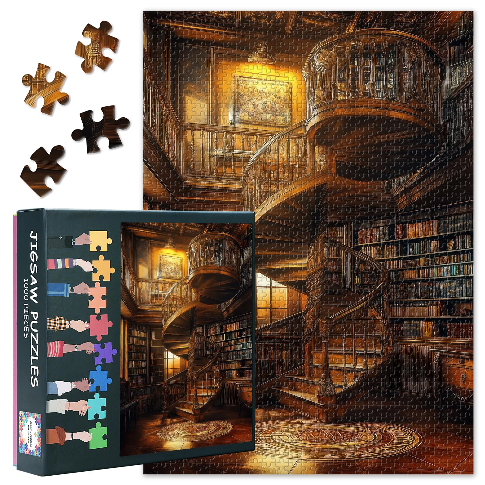 Jigsaw Puzzle 1000 Pieces for Adults Vintage Library with Spiral Staircase Filled Bookshelves Antique Clock and Painting Warm Golden Light Cozy Reading Room Decor 27.5x19.7 Inch