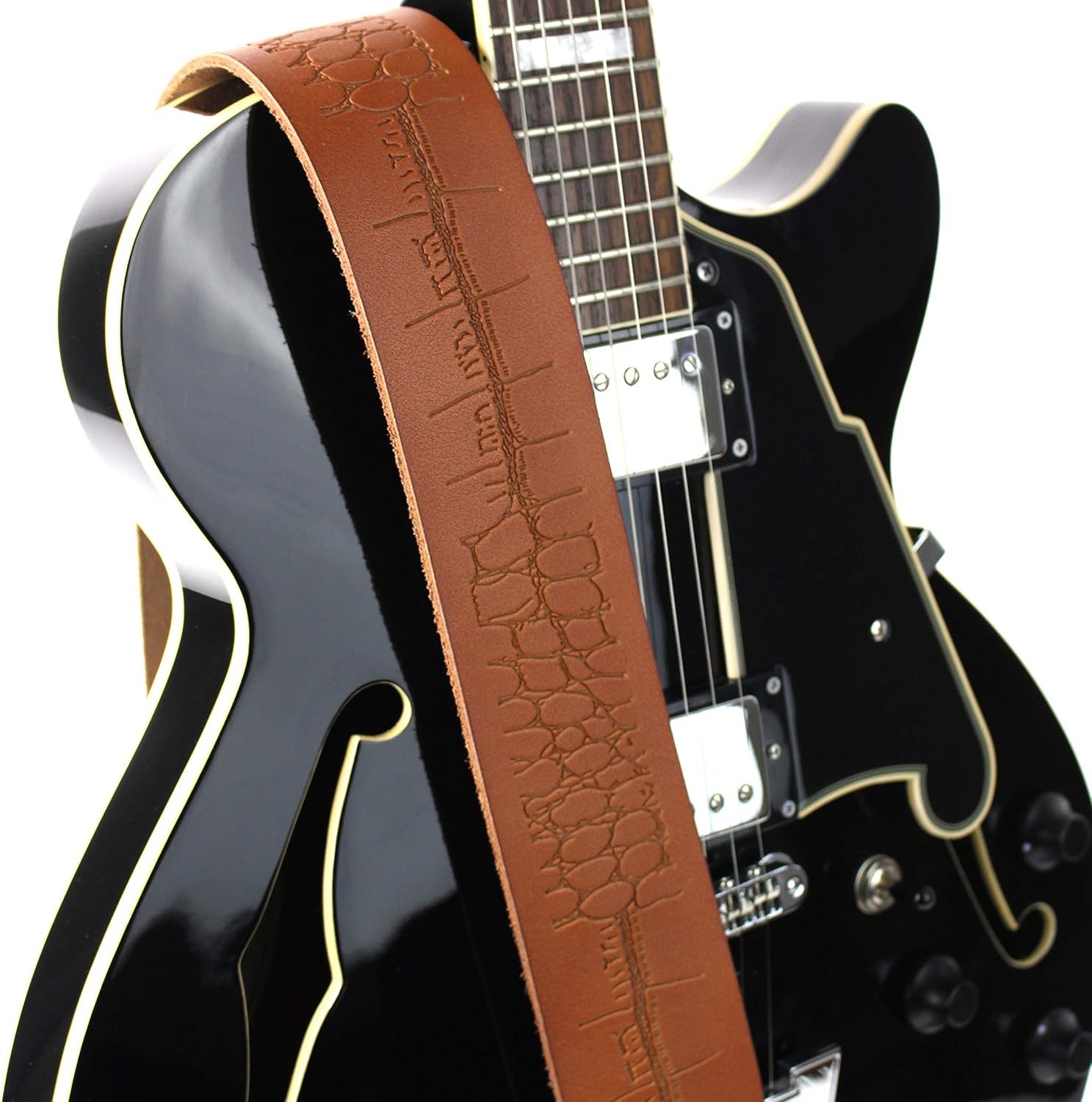 Walker And Williams SP-77 Tiger Tan/Orange Premium Thick Italian Grain Leather Guitar Strap with Scaled Tooling For Acoustic, Electric, And Bass Guitars
