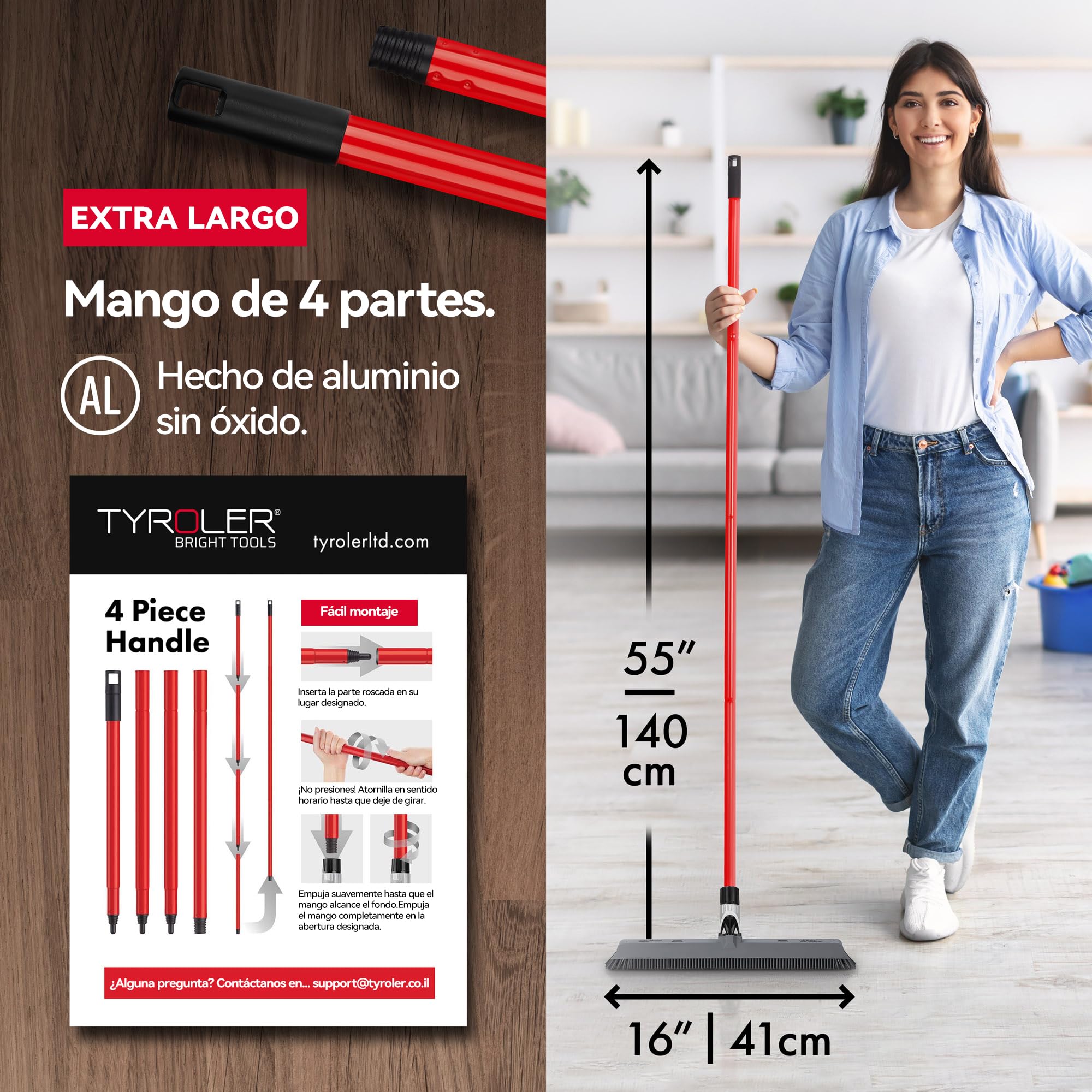 Tyroler Escoba de Goma para Suelo y Haragán 2 en 1 | 41 cm Cabezal de Silicona 100% | 140 cm Mango de Aluminio de 4 Piezas para Escoba de Silicona | Escobas para Barrer | Escobas Silicone Suelo
