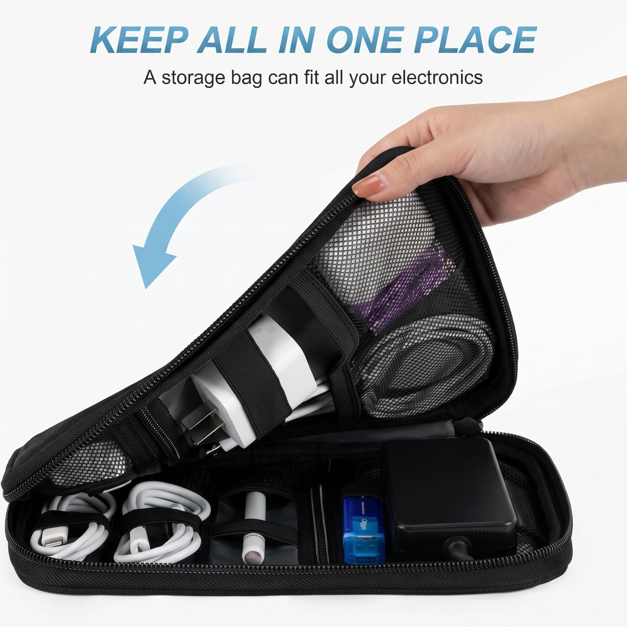 Organizador de cables de viaje, impermeable, portátil, organizador de accesorios electrónicos para cable USB, cargador de teléfono, auriculares, tarjeta SD con 5 bridas (negro)