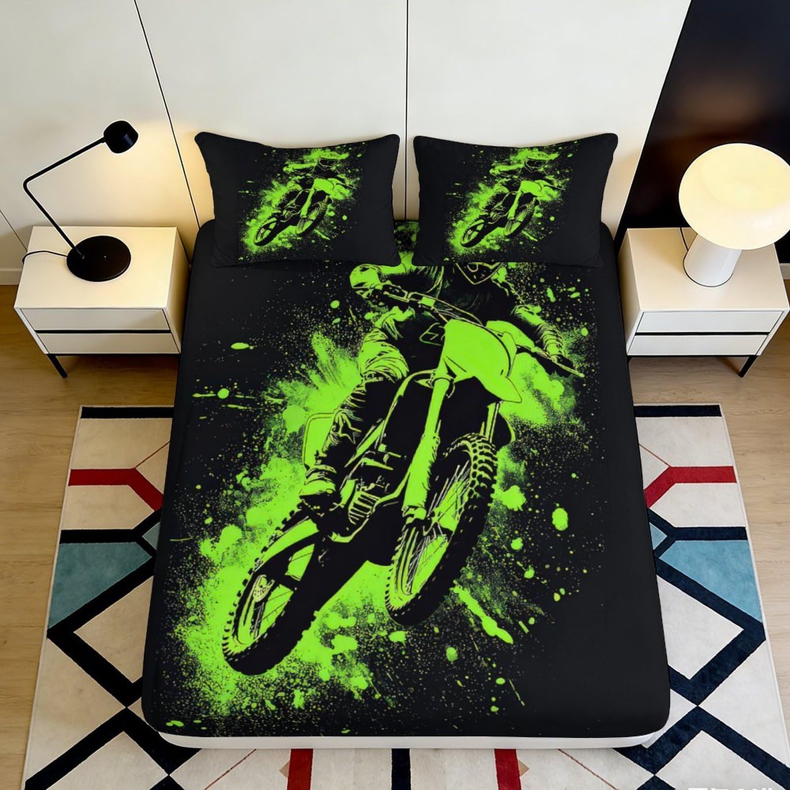 Jqzkxnhpbr Style-7 3D Printed Neon Motorcycle Fitted Sheet Microfiber Soft Green Splash Bed Cover For Bedroom Dorm Decor 90X200x25cm