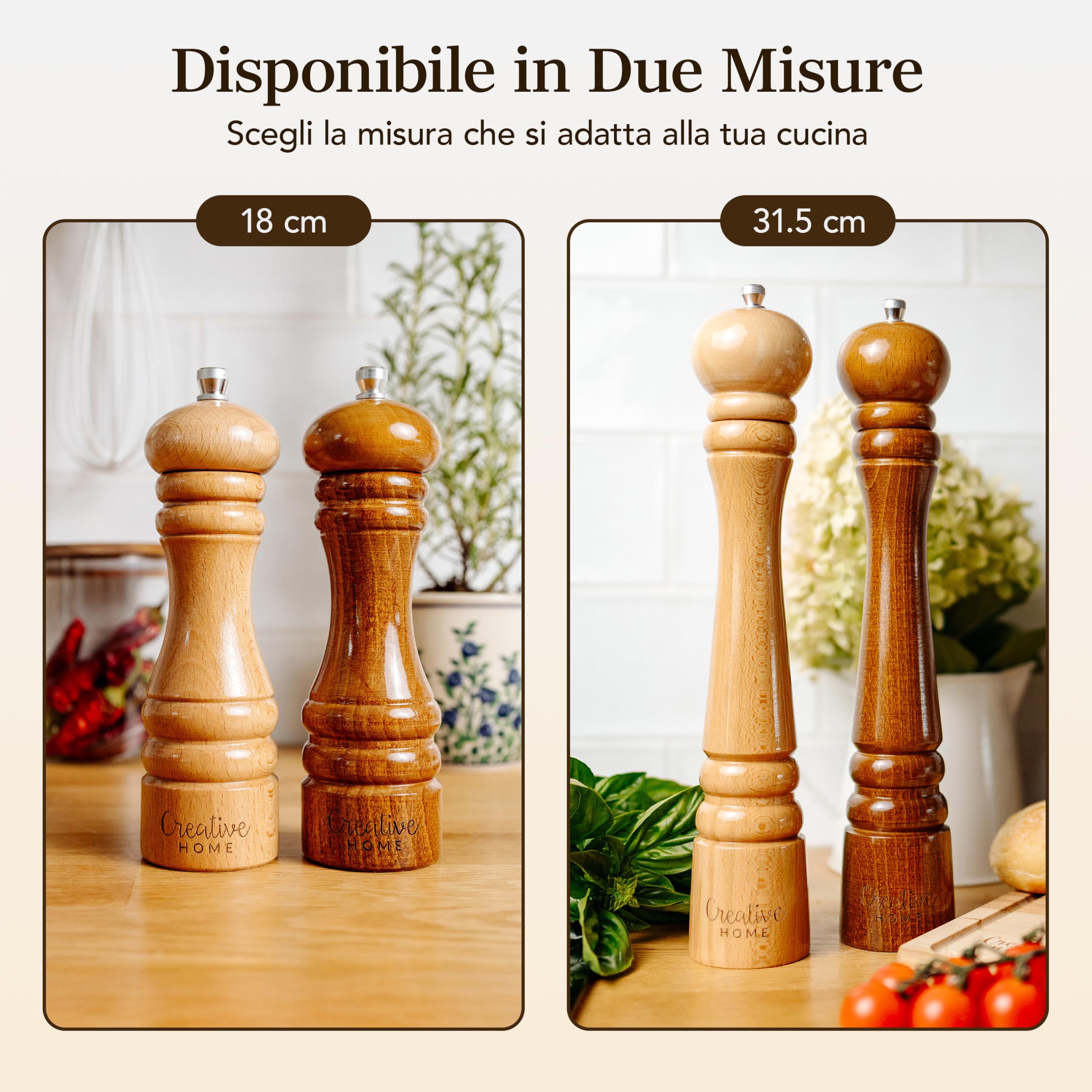 Creative Home Duo macinapepe e sale in legno | 2 macinini con mini cucchiaio | 31,5 cm Altezza | Faggio naturale | Meccanismo di macinazione manuale | Saliera e pepe