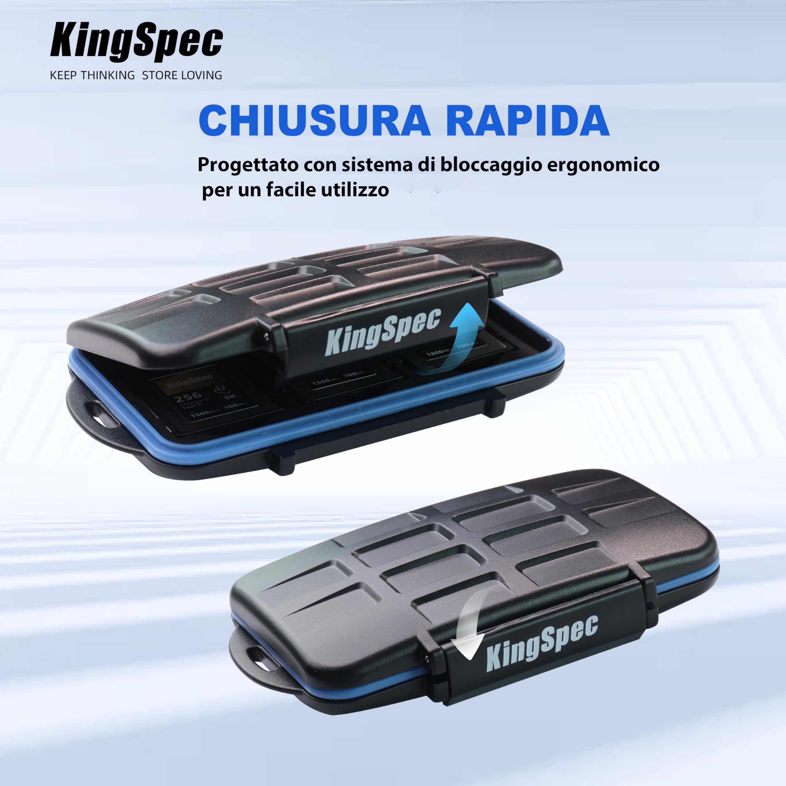 KingSpec Custodia per schede di memoria: impermeabile, resistente alle intemperie, chiusura a pressione, occhiello modellato con moschettone, antiurto, adatto a 6 schede XQD o CF Express di tipo B