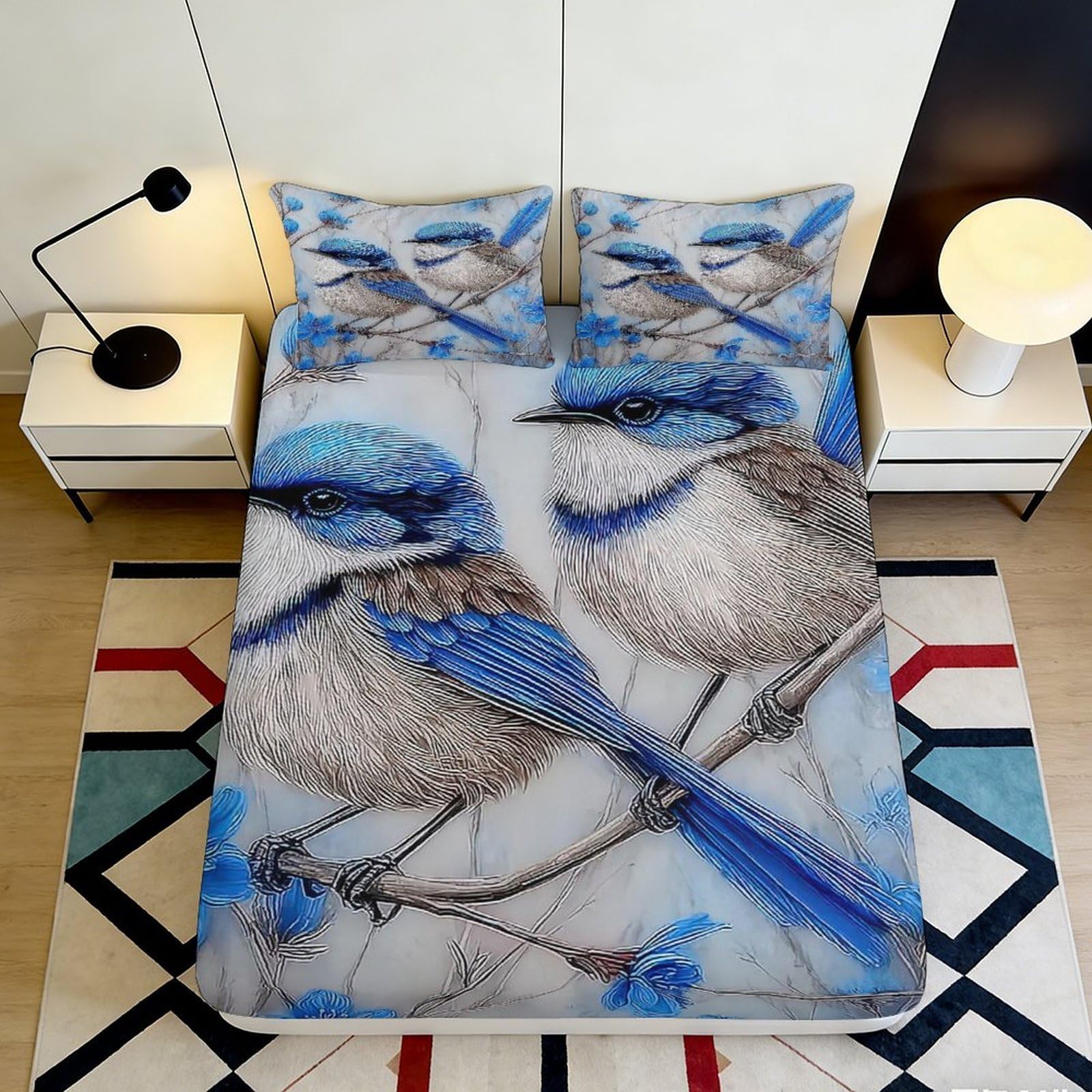 3D Printed Blue Birds Fitted Sheet Microfiber Soft Durable Detailed Bird Pattern Mattress Cover for Bedroom Dormitory Guest Room Bed Protection 160x200x25cm
