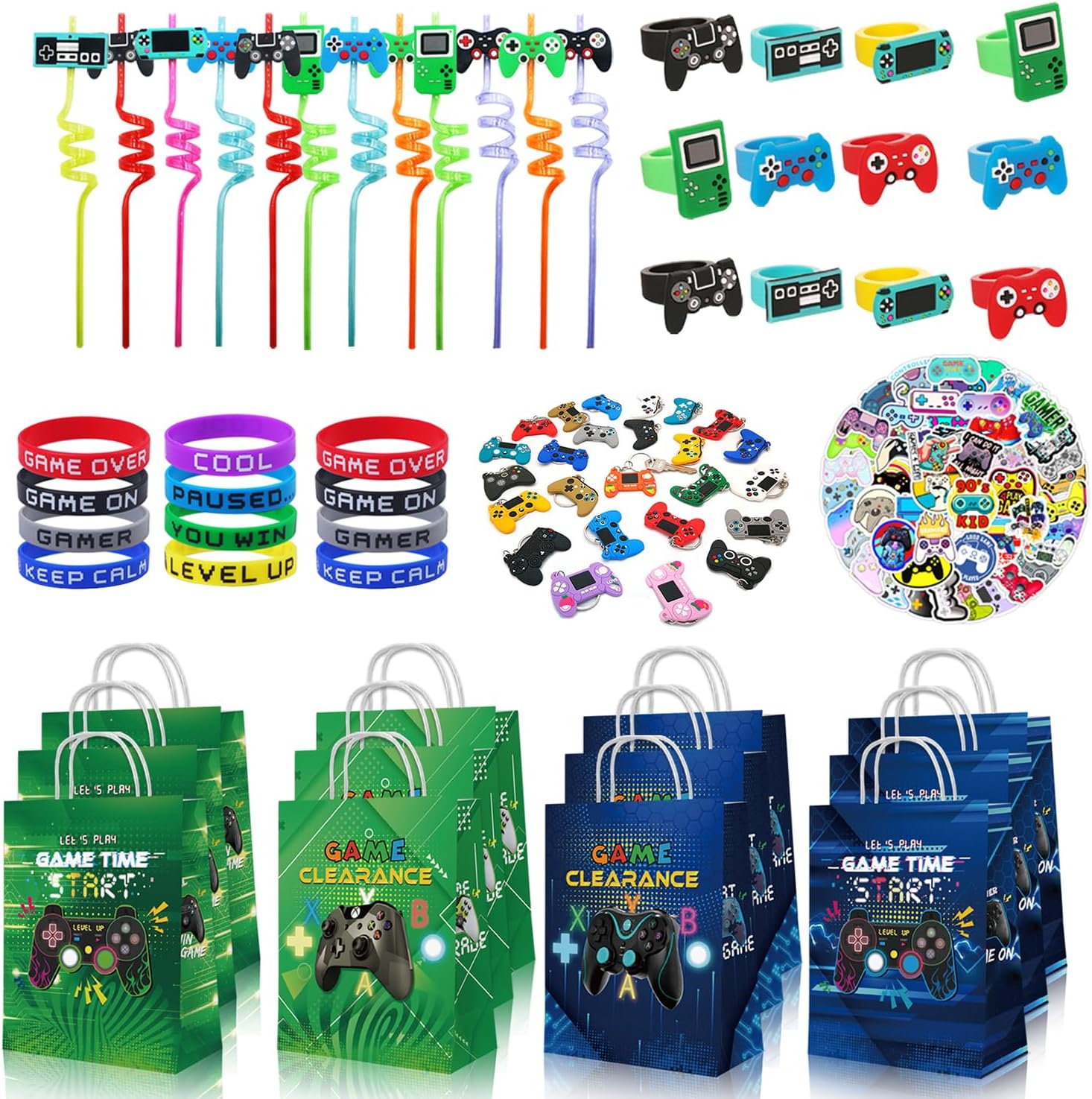 Gamer Party Favors Kit – 12 Person Video Game Themed Birthday Party Decorations & Supplies, Includes Game On Goodie Bags, Straws, Keychains, Wristbands, Rings & Stickers Gamer Party Favors Kit – 12 Person Video Game Themed Birthday Party Decorations & Supplies, Includes Game On Goodie Bags, Straws, Keychains, Wristbands, Rings & Stickers