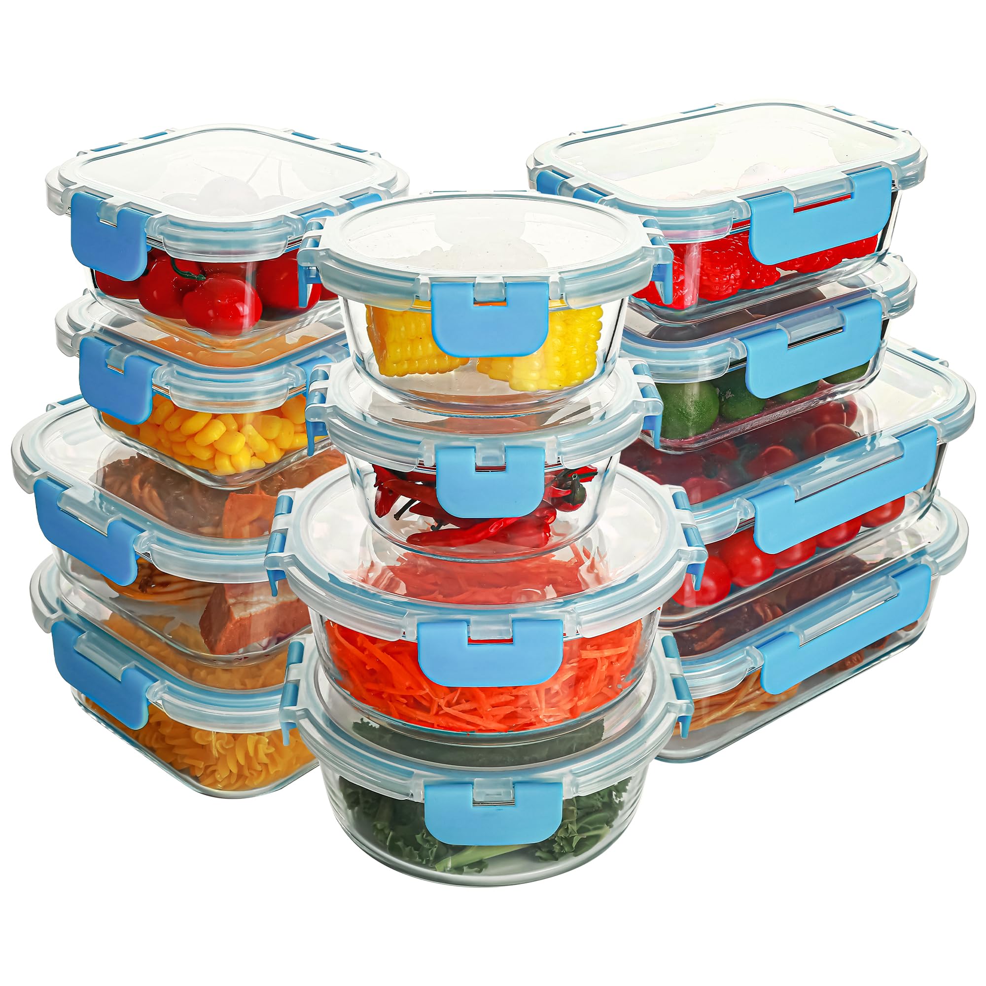 12 Pack Glass Food Storage Containers Set, Glass Meal Prep Containers with Lids, Airtight Lunch Containers, Dishwasher Safe, blue