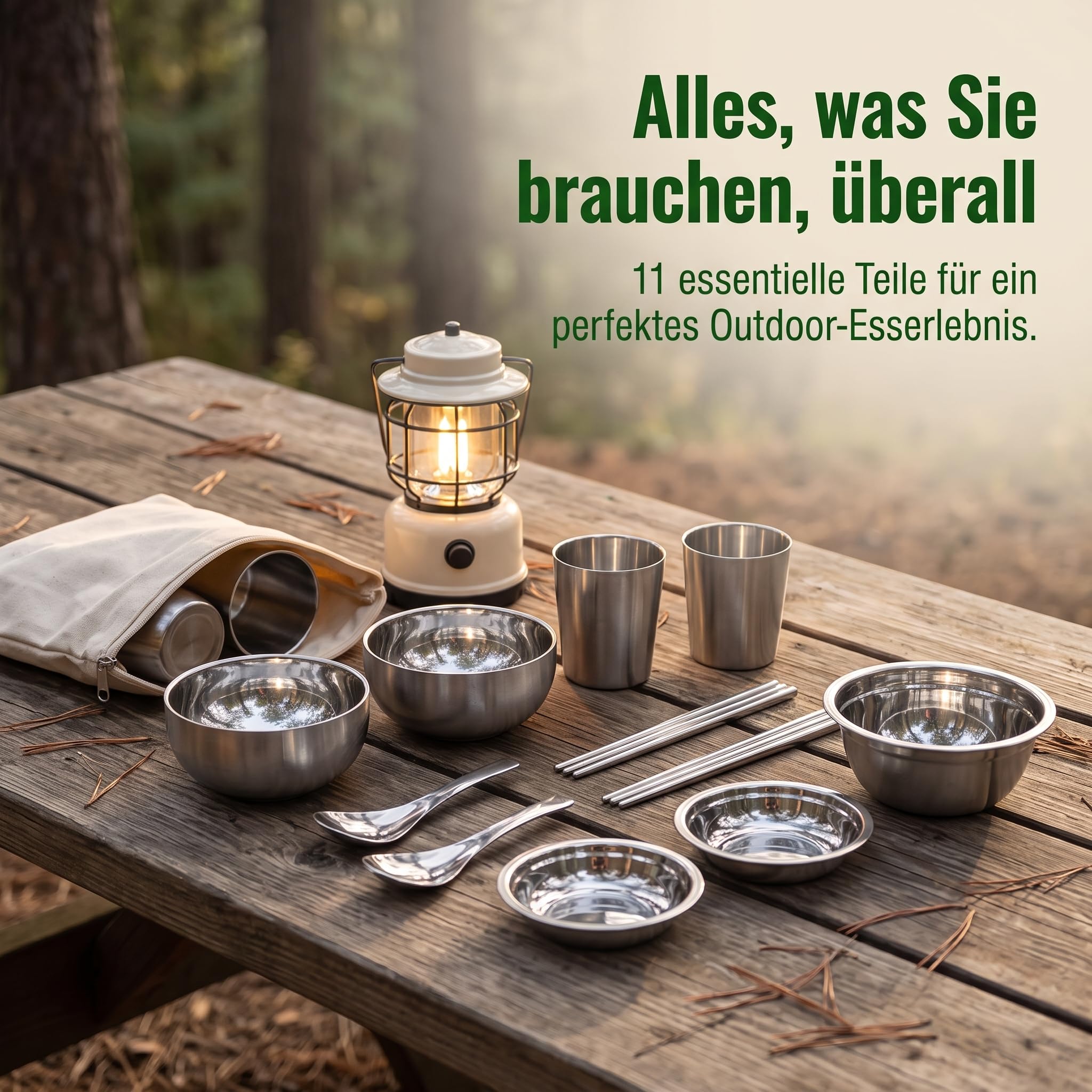 Camping Geschirr Set aus Elstahl, tragbares Outdoor Besteck Set für und Picknick, 11-teiliges Set aus Edelstahl