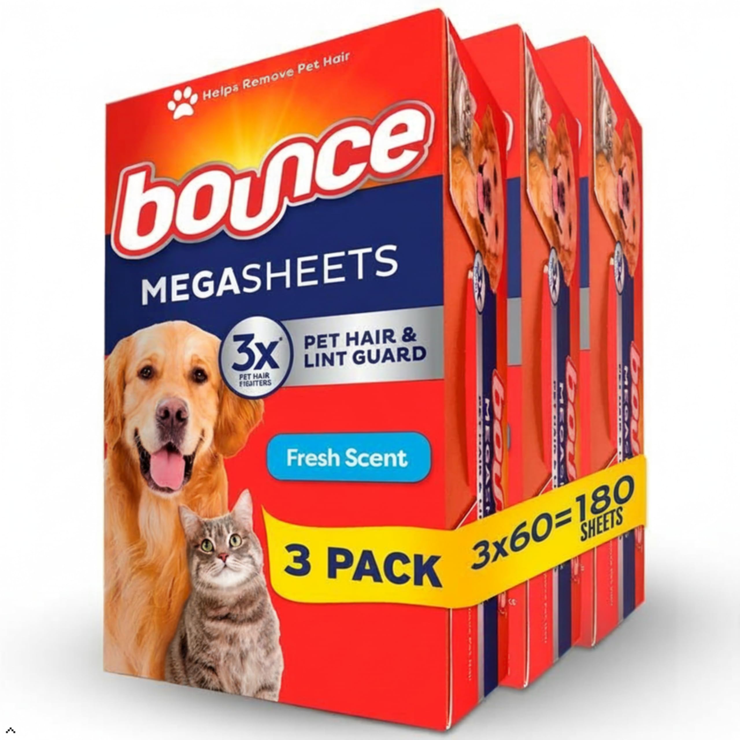 Bounce Pet Hair and Lint Guard Mega Dryer Sheets with 3X Pet Hair Fighters, Fresh Scent, 180 Count