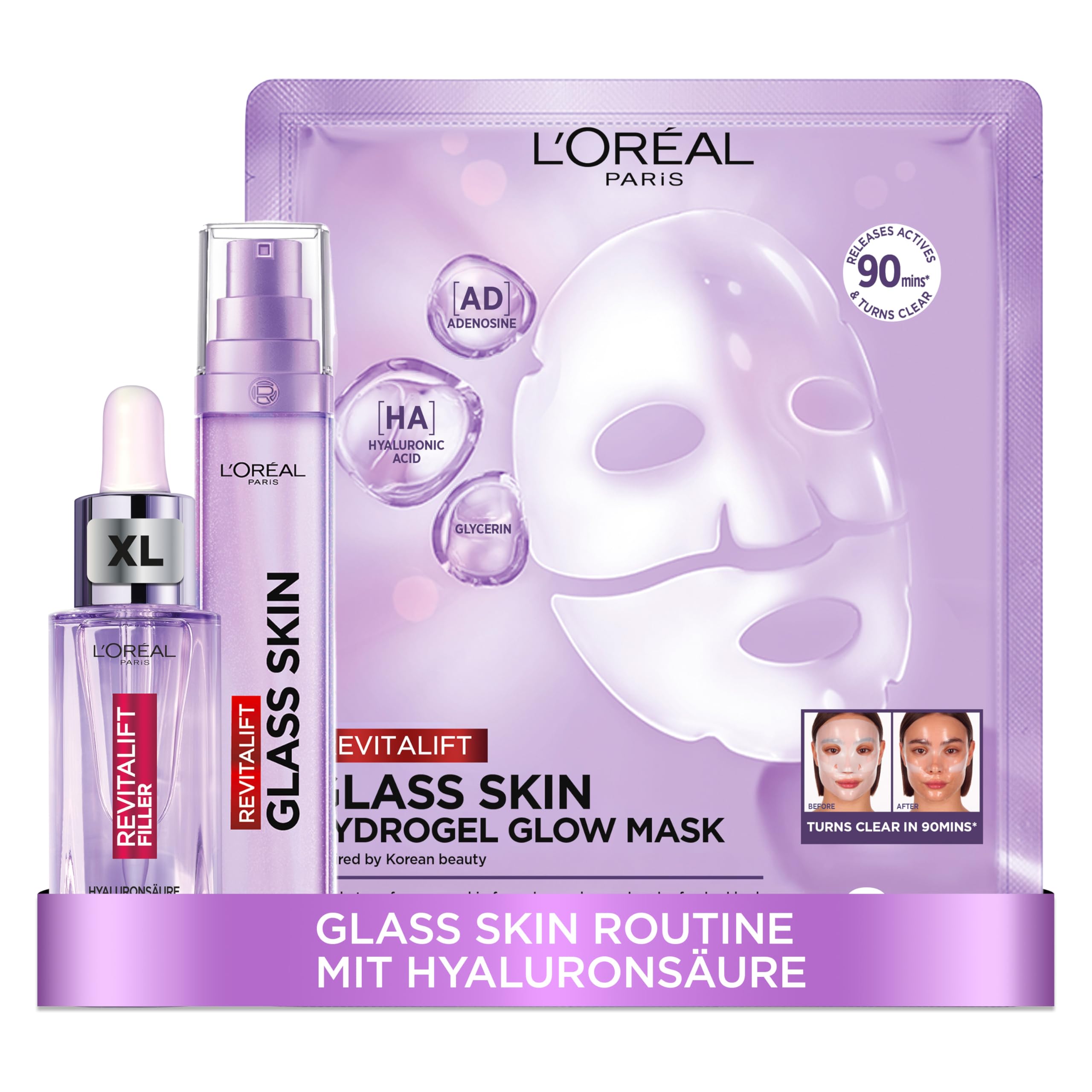Revitalift Filler Glass Skin Routine - XL Serum + Feuchtigkeitsfluid + Hydrogel Maske, 3er Pack