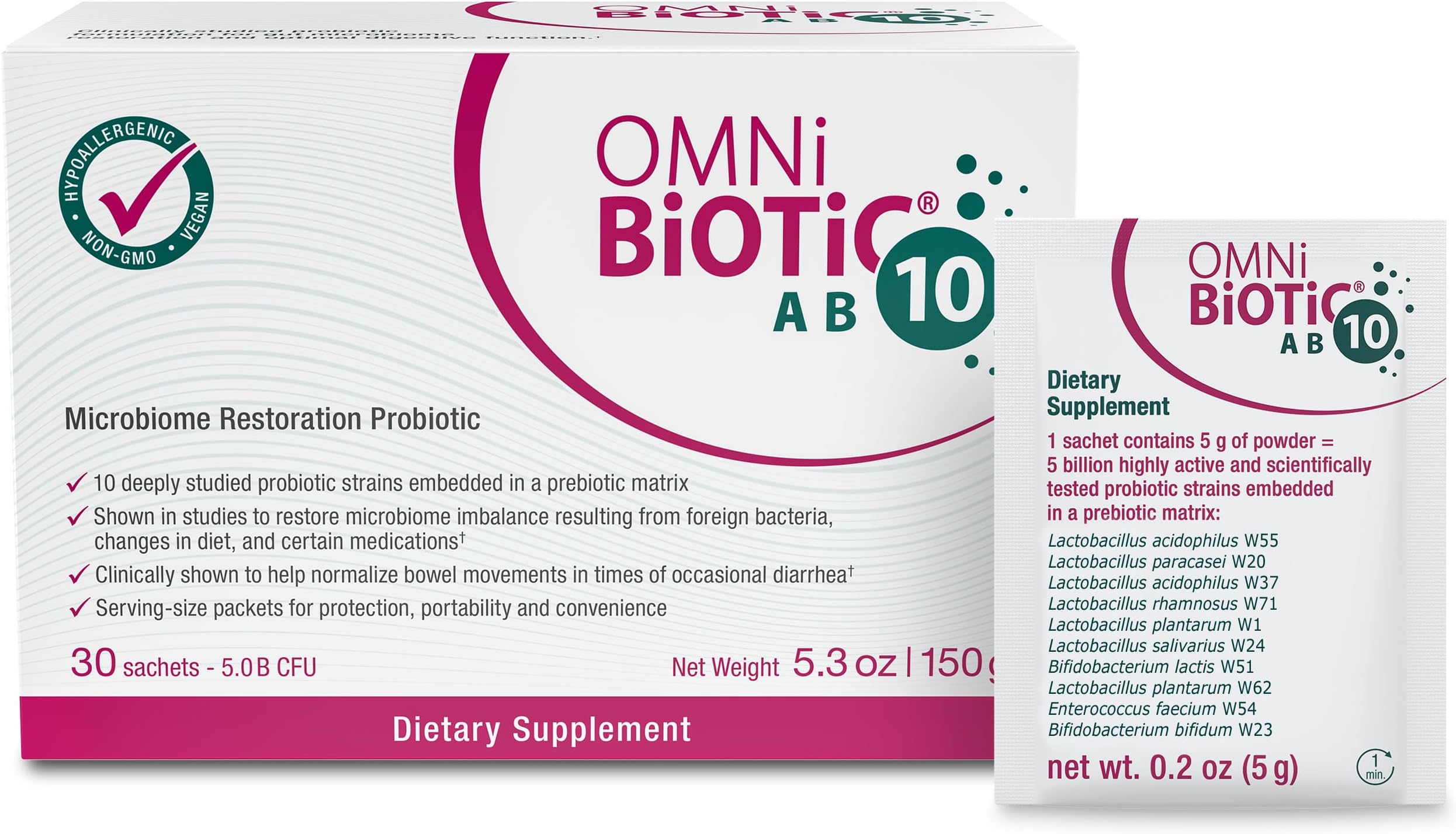 OMNi BiOTiC AB 10 - Clinically Tested Restorative Probiotic - Supports & Restores Gut Flora & Digestion - Digestive Probiotic for Diarrhea - Vegan, Hypoallergenic, Non-GMO (30 Daily Packets)