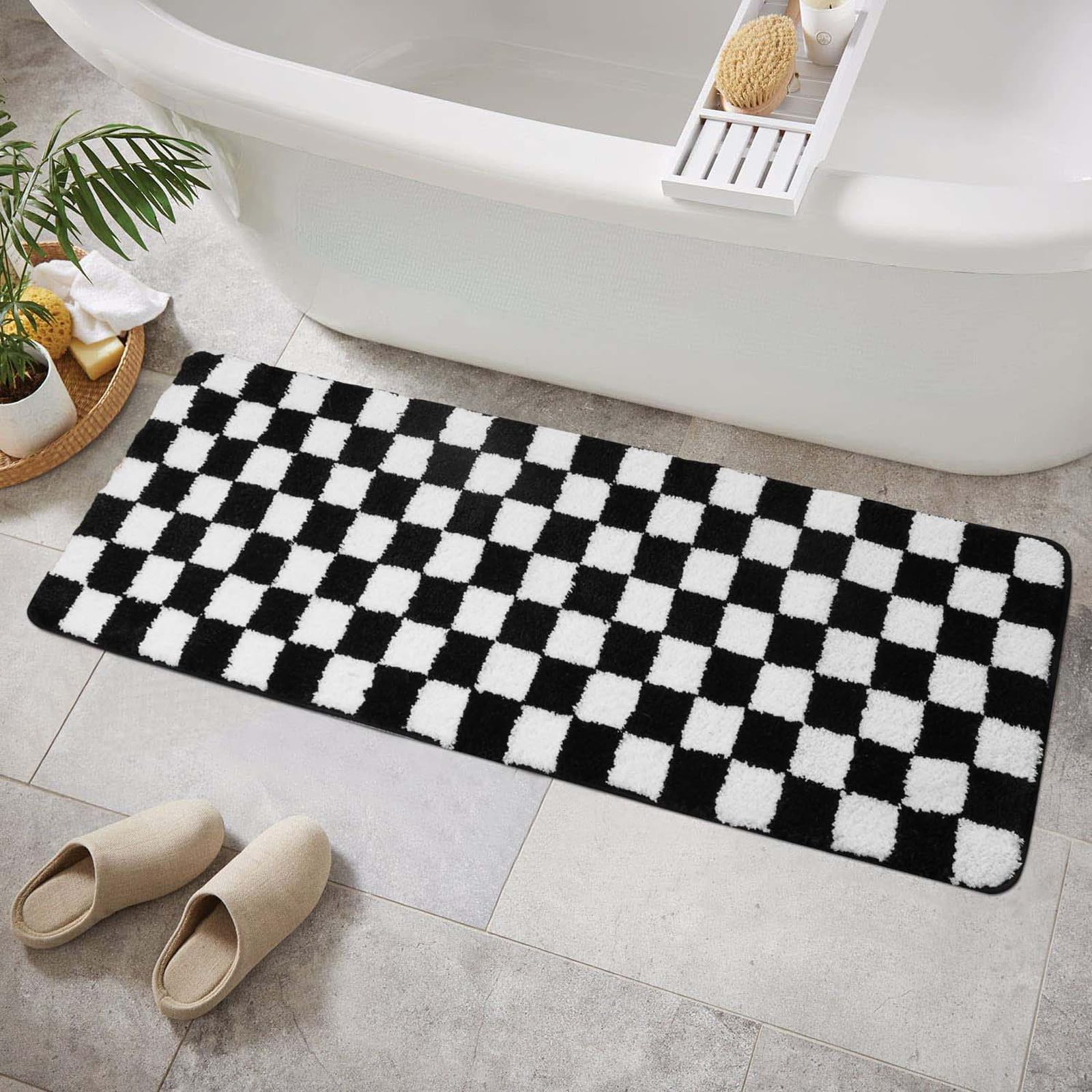 Sivilife Checkered Bathroom Runner Rugs, Black and White Non Slip Long Water Absorbent Bath Rug, Soft Washable Bath Mats for Bathroom Geometric Shag Area Rug for Indoor Shower Bathtub, 18"x47"