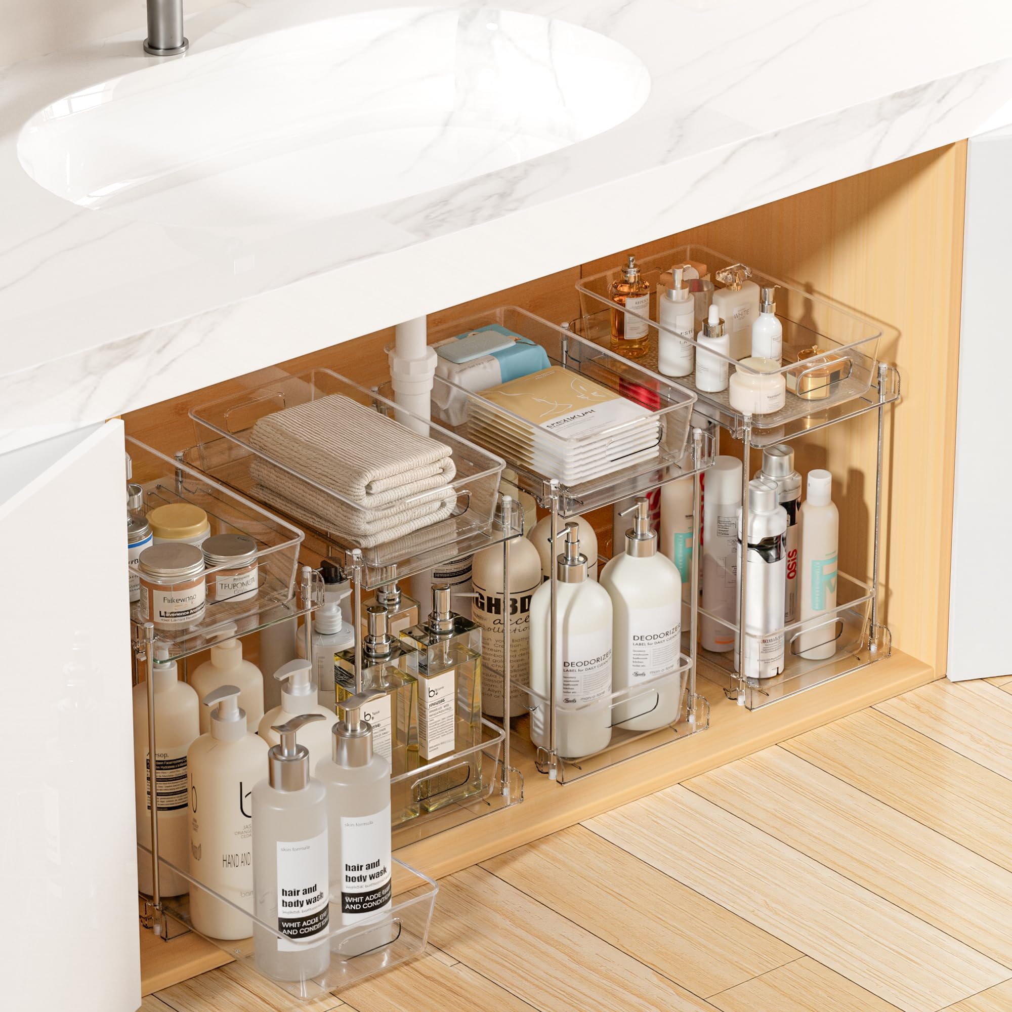 Vtopmart 4 Pack Taller Pull Out Bathroom Under Sink Organizer (S-Higher) | Slide-out drawers, Multi-purpose storage, Clear visibility, Easy Set-up Transparent S-Higher (4 Pack)